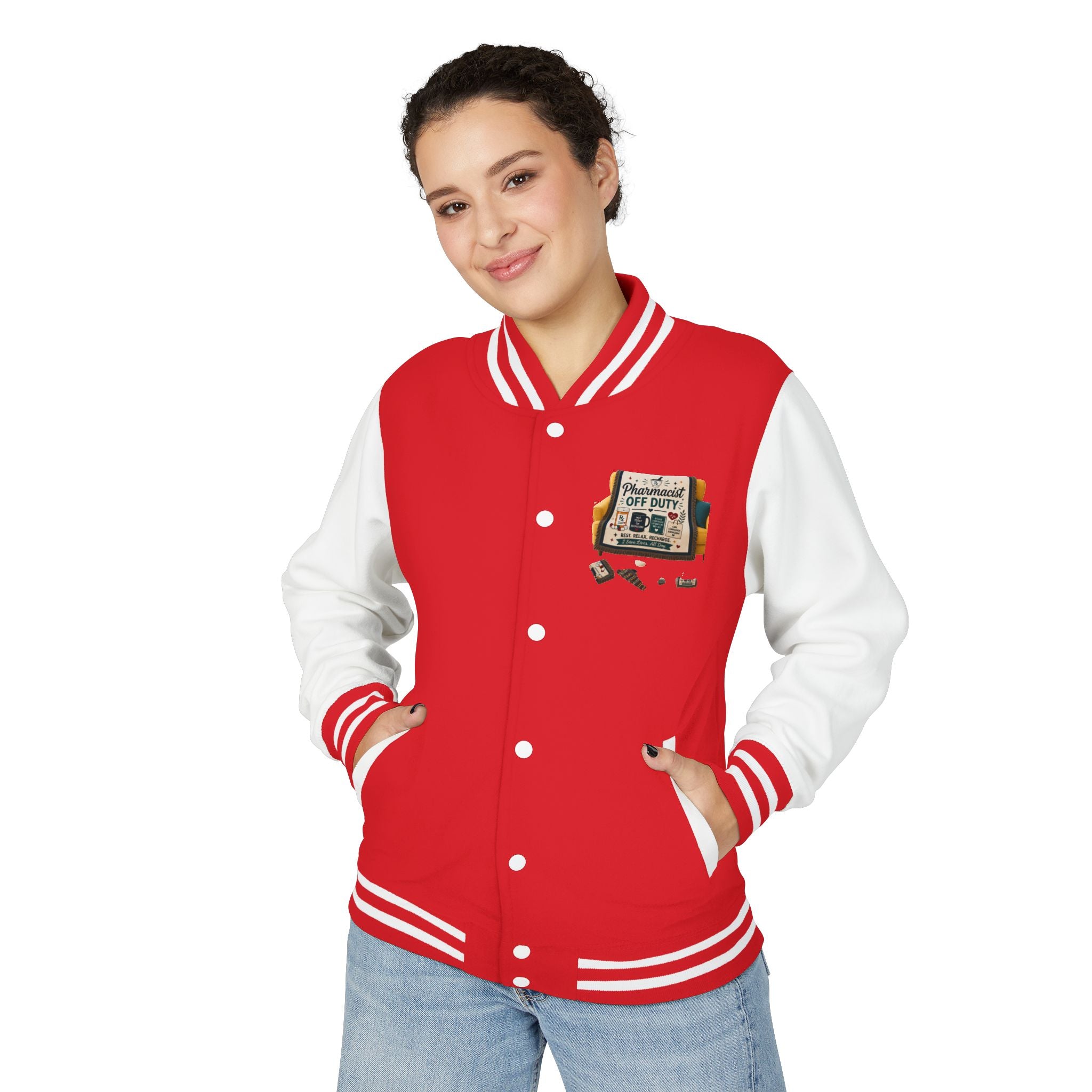 Letterman Jacket — 'Pharmacist Off Duty' Retro Patch Design