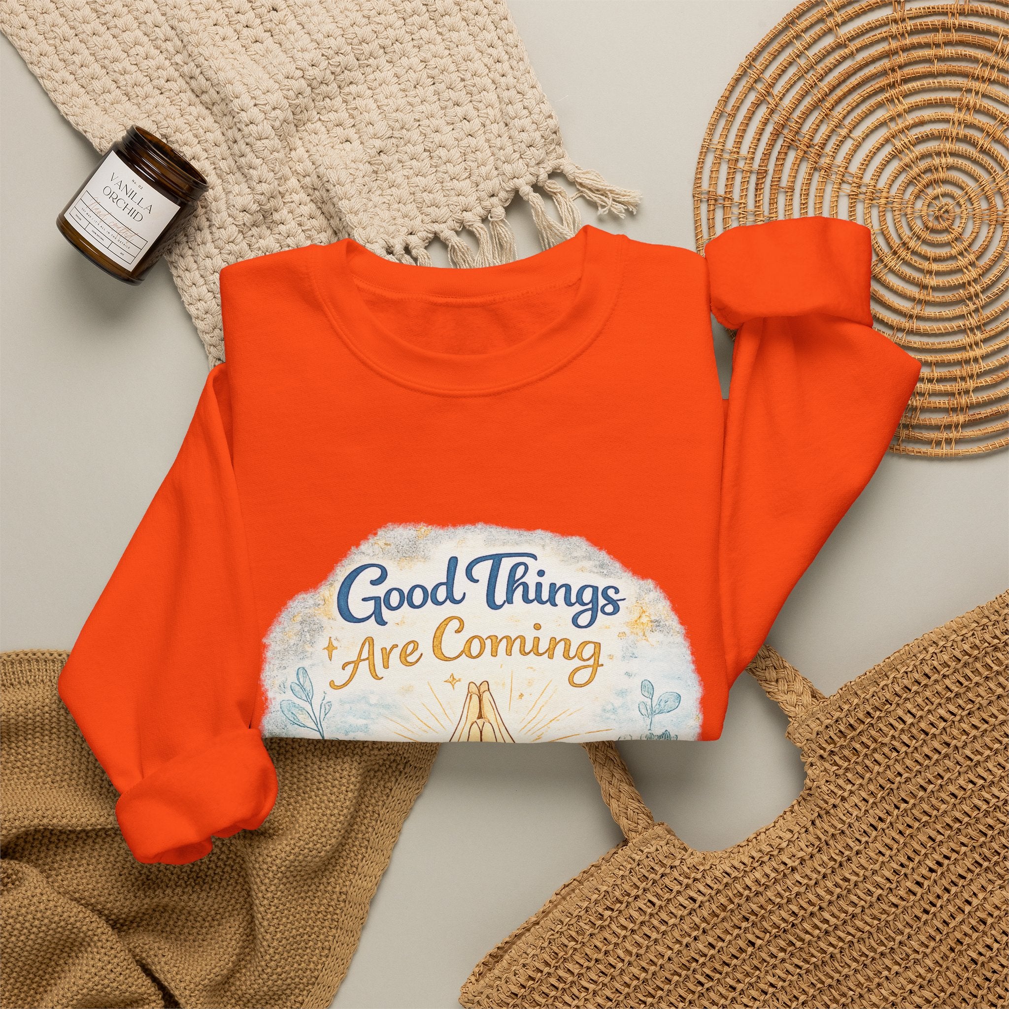 Crewneck Sweatshirt — "Good Things Are Coming" Praying Hands Inspirational Pullover