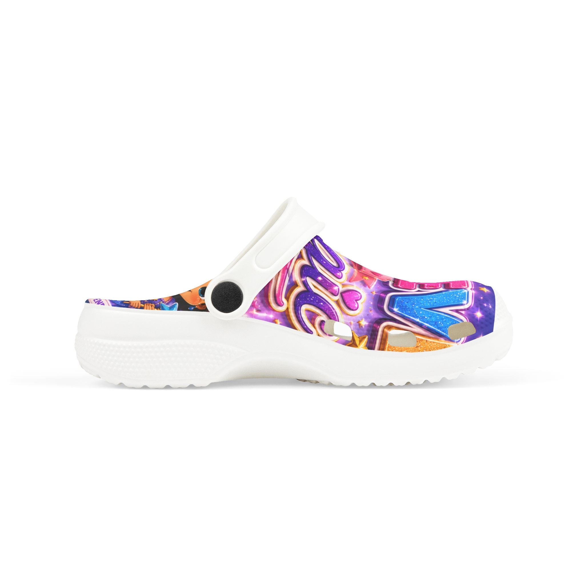 Kids Foam Clogs — "Believe in Magic" Colorful Glittery Cartoon Design