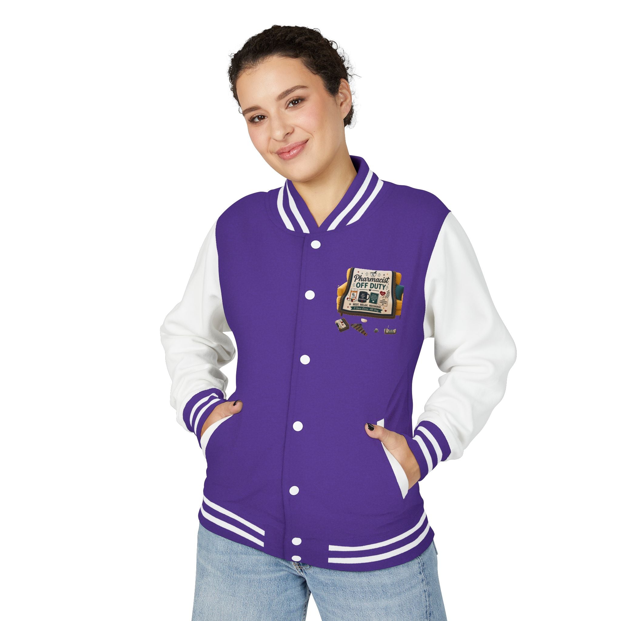 Letterman Jacket — 'Pharmacist Off Duty' Retro Patch Design