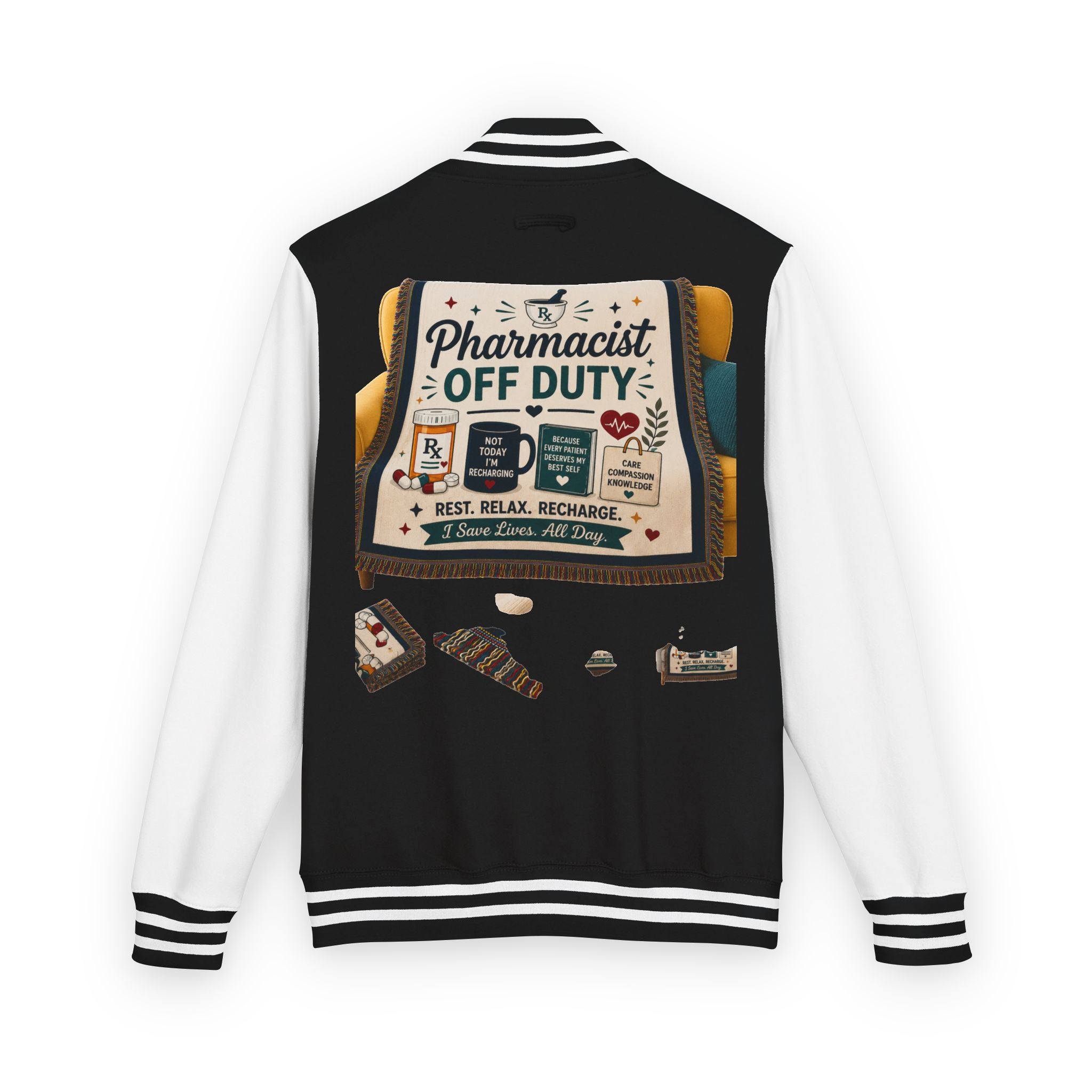 Letterman Jacket — 'Pharmacist Off Duty' Retro Patch Design