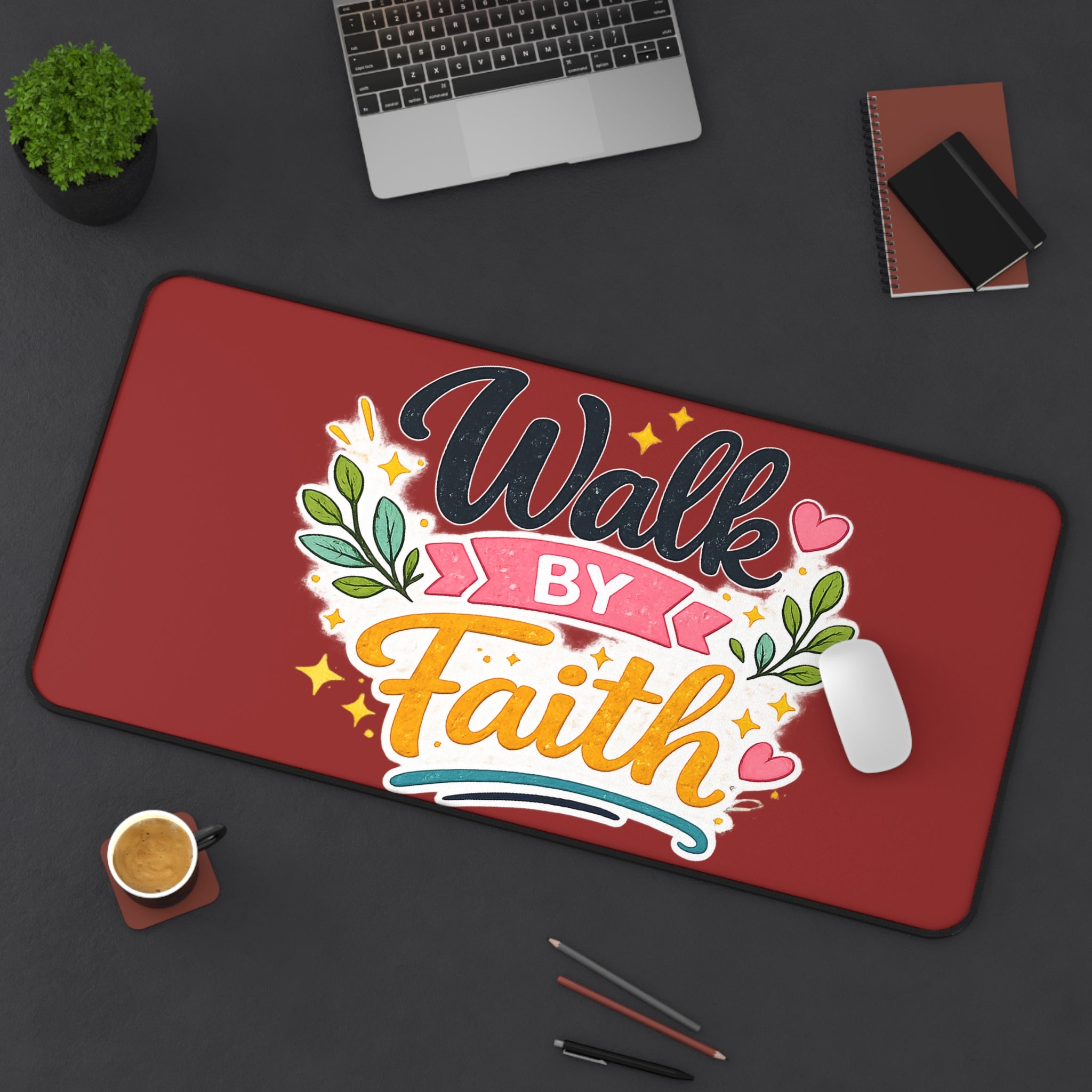 Walk By Faith Desk Mat — Inspirational Christian Desk Mat with Floral Typography