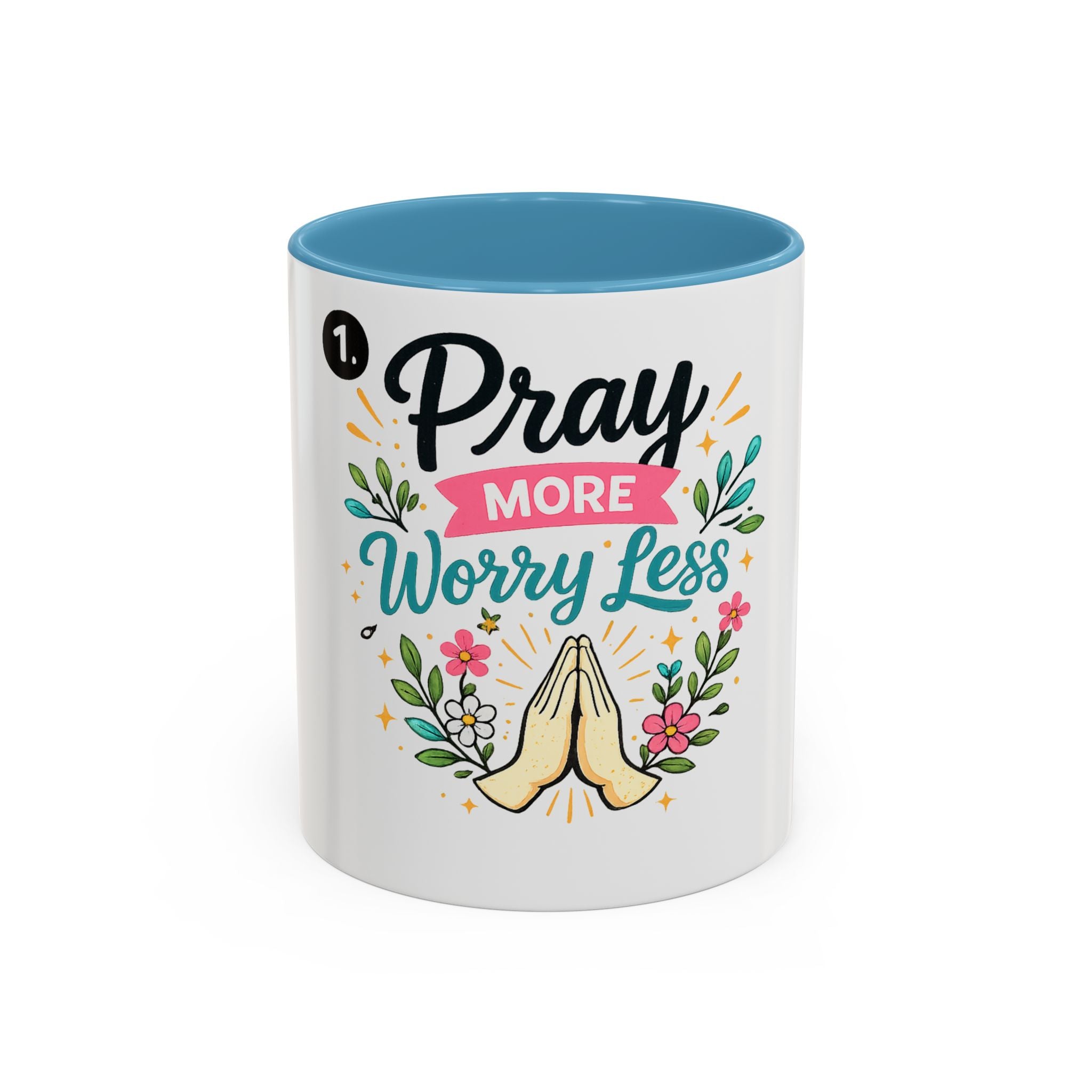 Pray More Worry Less Accent Coffee Mug — Inspirational Floral Prayer Gift (11/15oz)