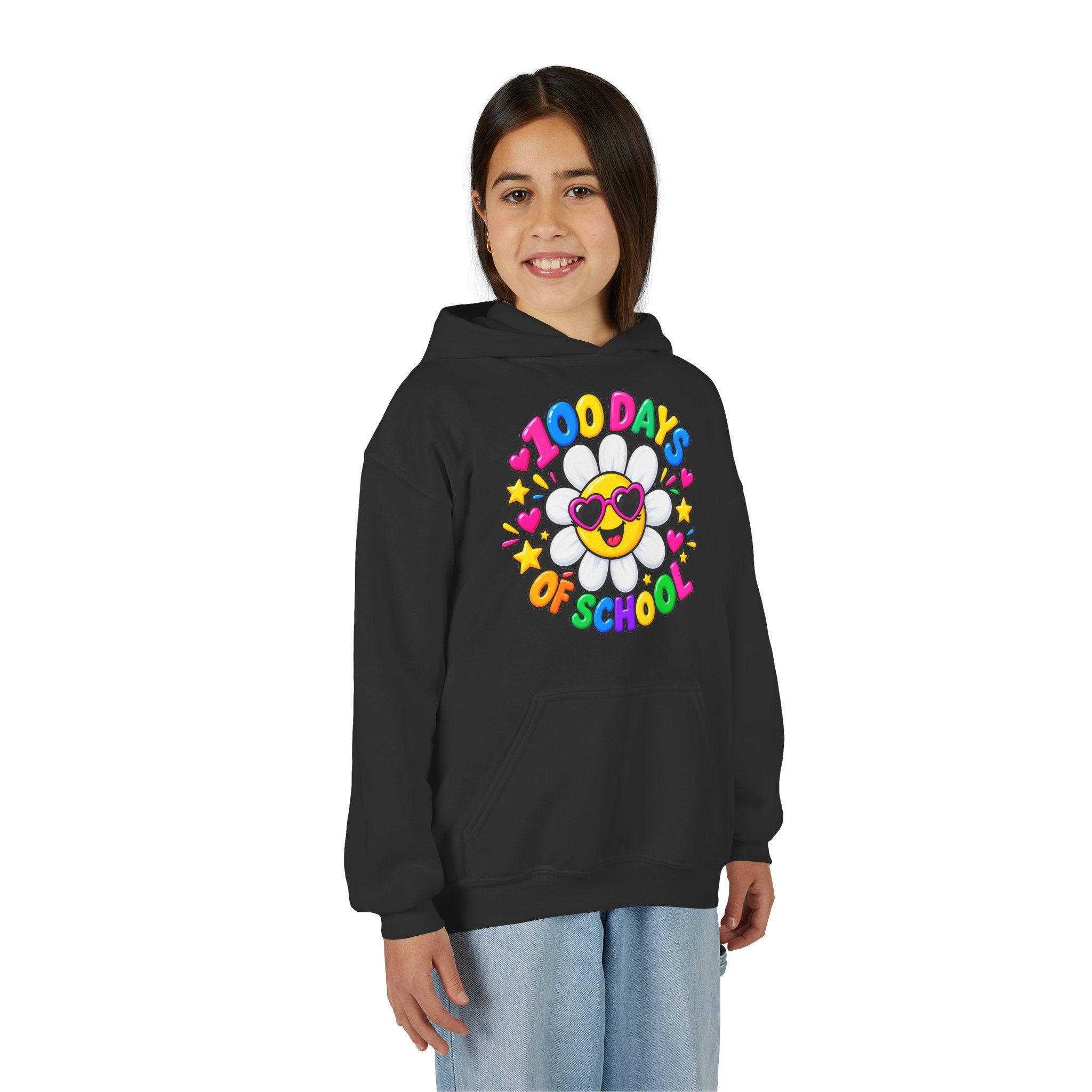 Youth Hoodie — “100 Days of School” Colorful Smiley Daisy Celebration