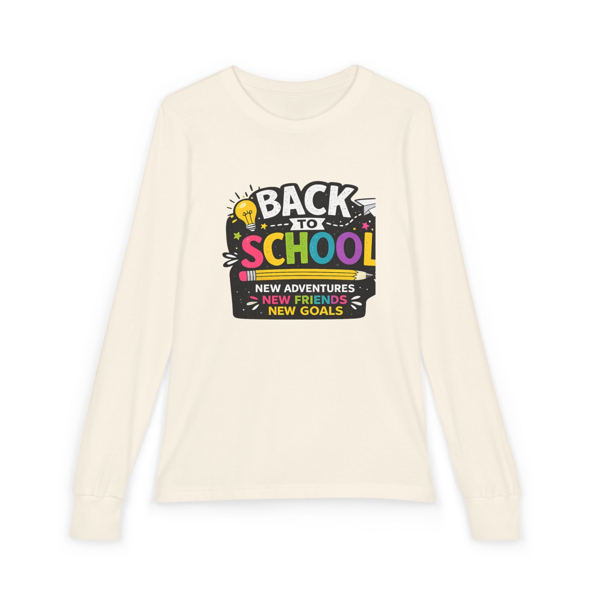 Back to School Youth Long Sleeve Tee — "New Adventures, New Friends, New Goals"