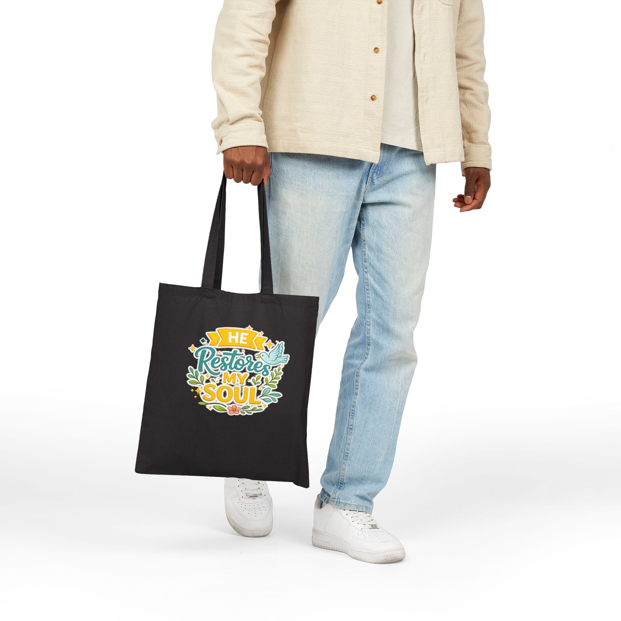 He Restores My Soul Canvas Tote Bag — Faith-Based Inspirational Grocery & Church Tote