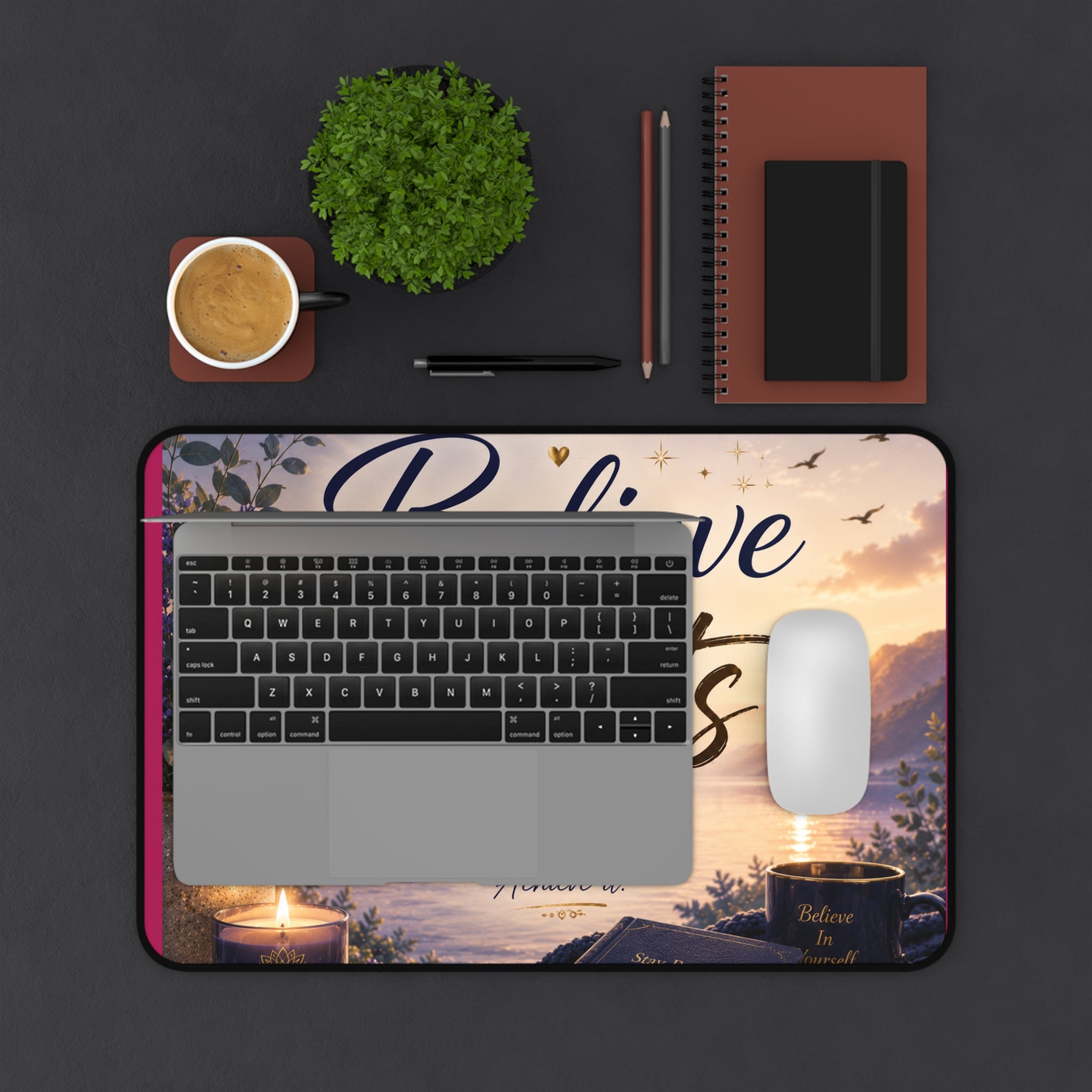 Believe Without Limits Desk Mat — Inspirational Office Mouse Pad with Scenic Sunrise Design