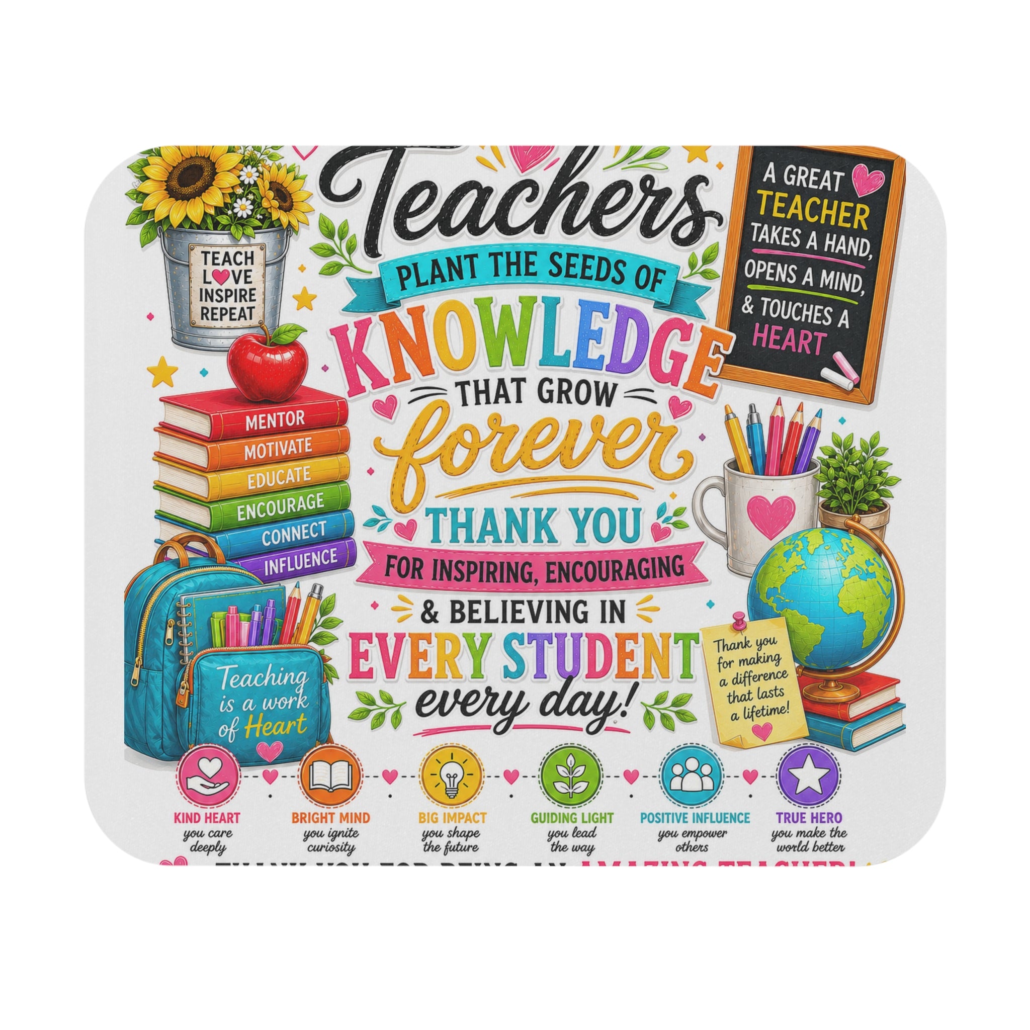 Teacher Appreciation Mouse Pad — "Teachers Plant the Seeds of Knowledge That Grow Forever" Floral Desk Mat