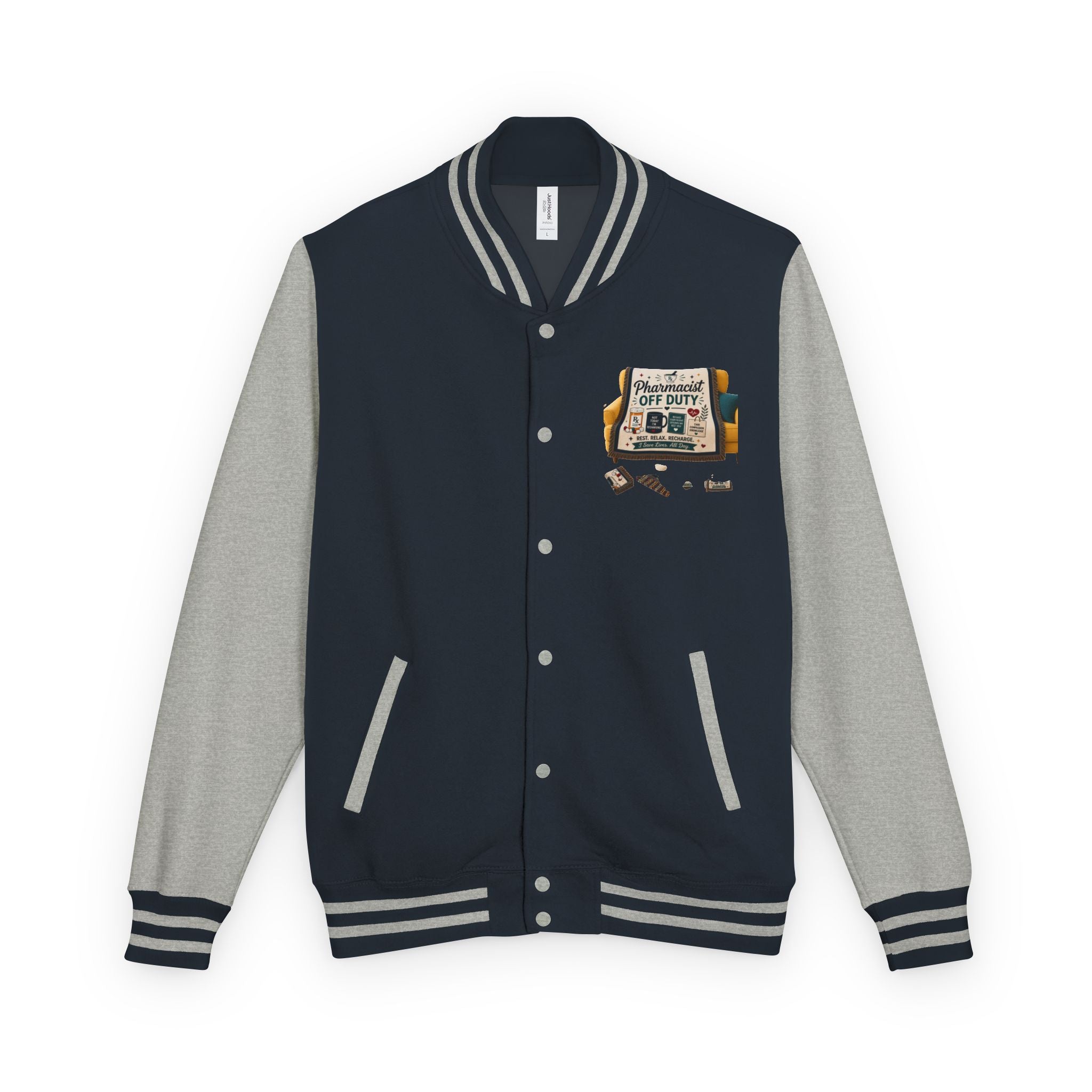 Letterman Jacket — 'Pharmacist Off Duty' Retro Patch Design