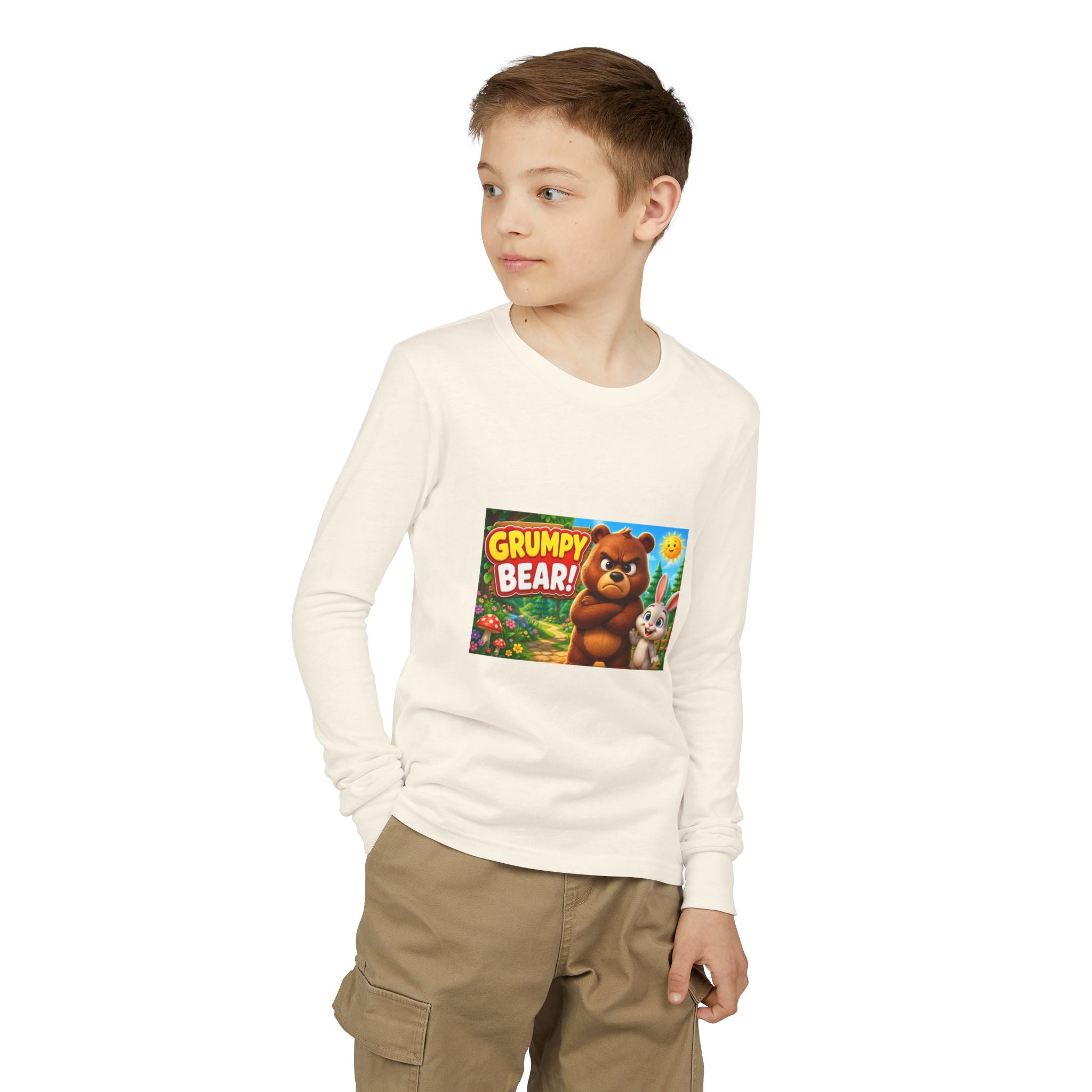 Grumpy Bear Kids Long Sleeve Tee — Cute Cartoon Bear & Bunny Graphic