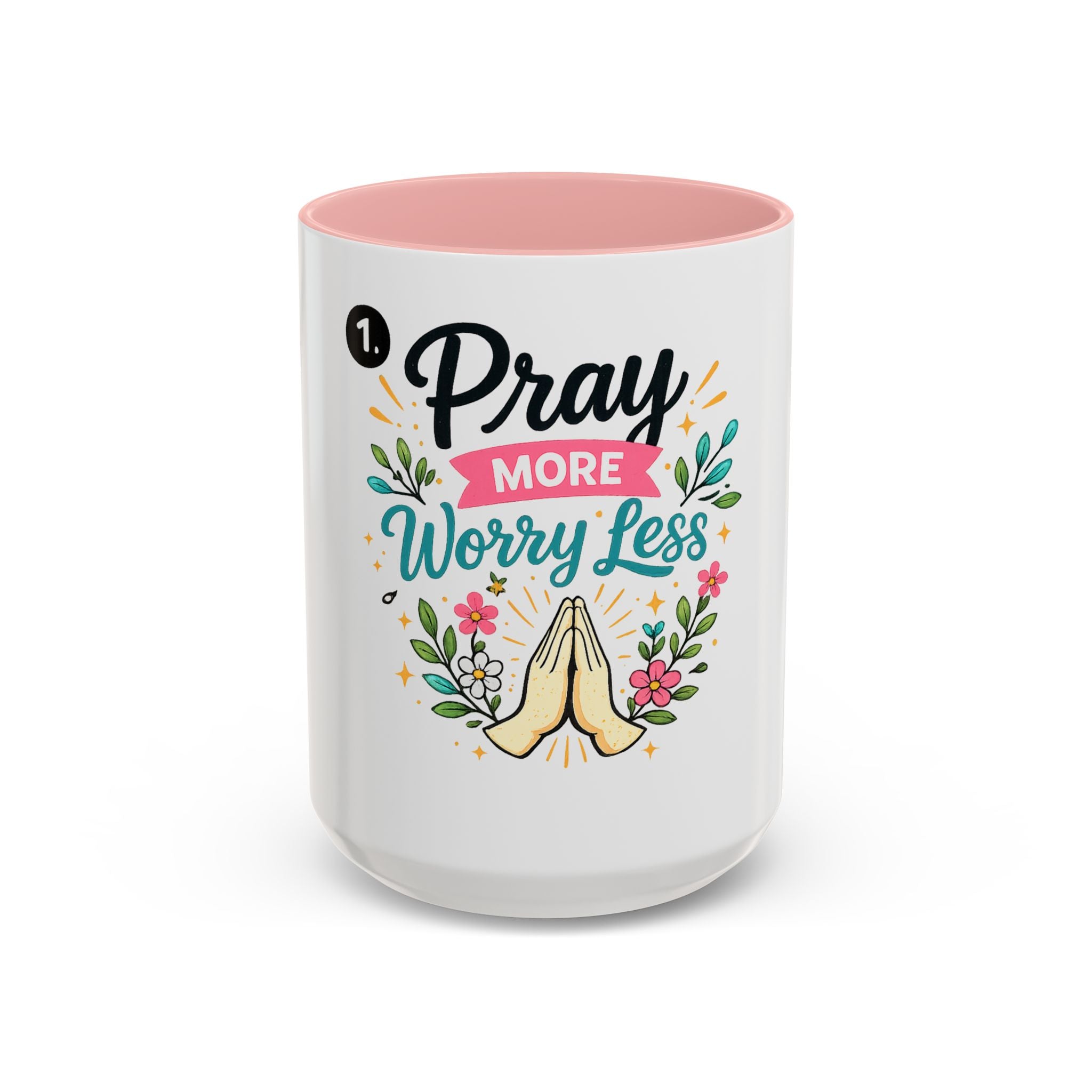 Pray More Worry Less Accent Coffee Mug — Inspirational Floral Prayer Gift (11/15oz)