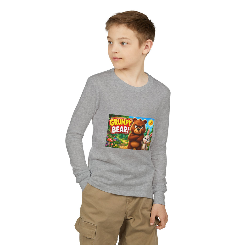 Grumpy Bear Kids Long Sleeve Tee — Cute Cartoon Bear & Bunny Graphic