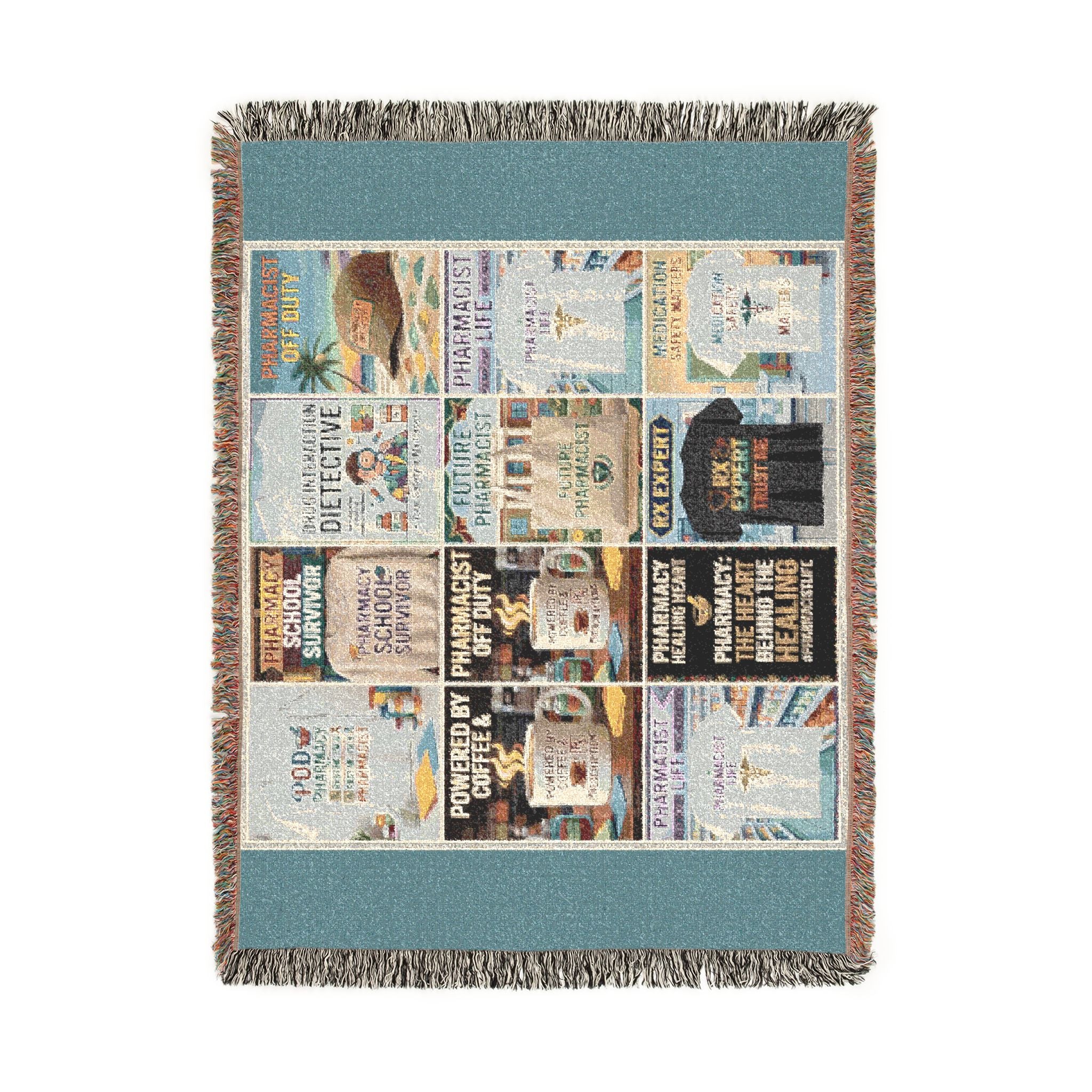 Vintage Travel Poster Woven Blanket — Retro Beach & City Collage Throw — A Great Gift for Pharmacists