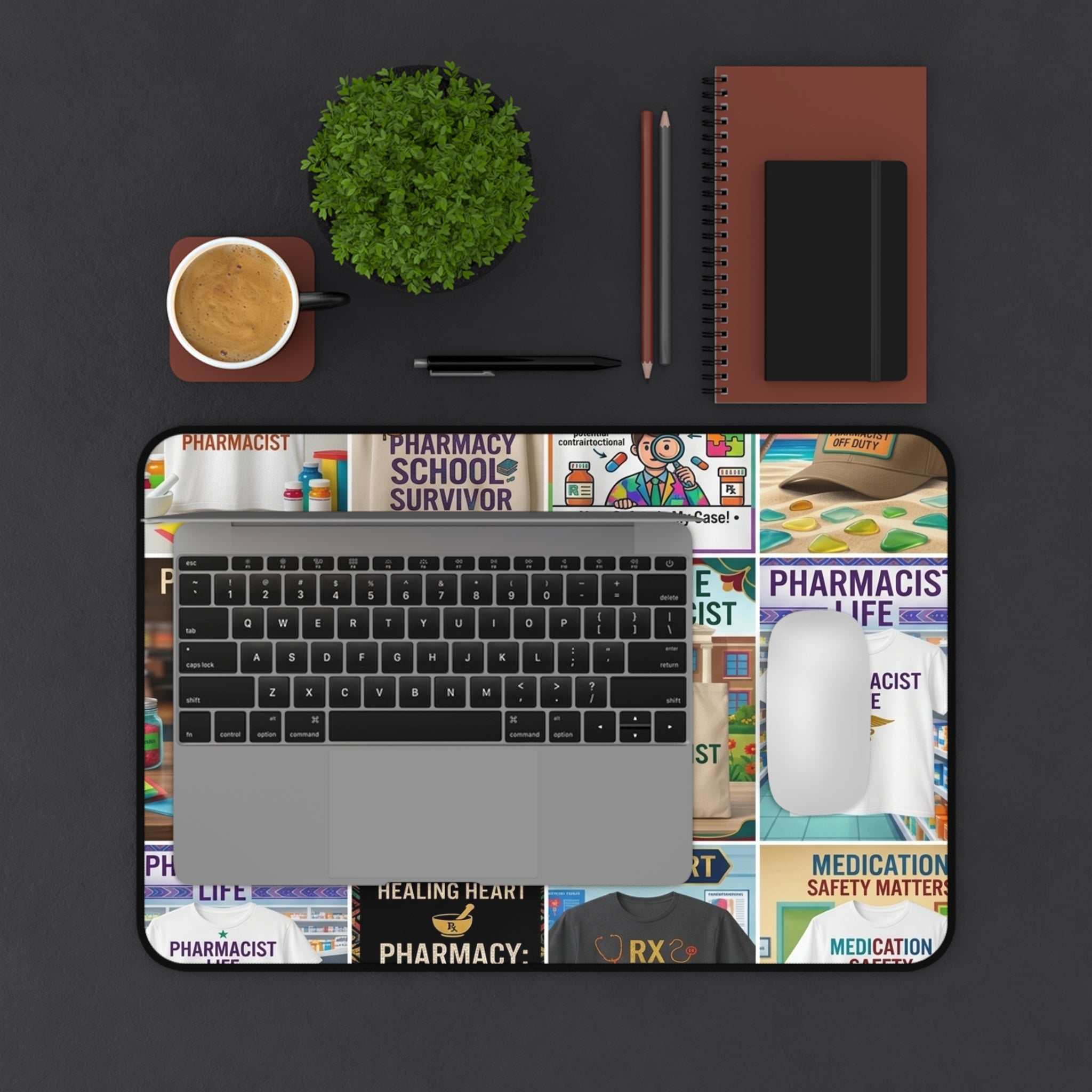 Pharmacist Desk Mat – Coffee & Rx Collage Mouse Pad for Pharmacy Students and Professionals