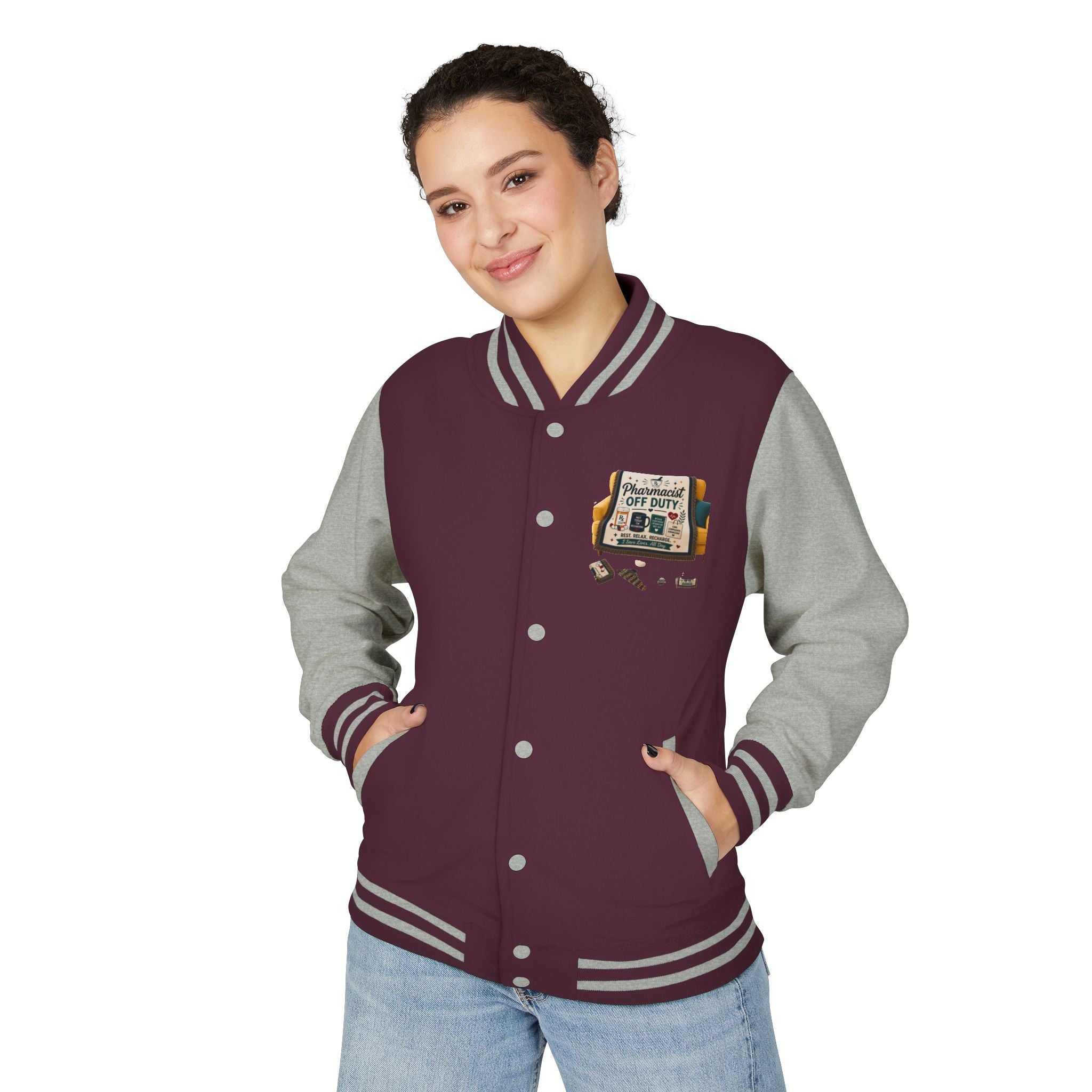 Letterman Jacket — 'Pharmacist Off Duty' Retro Patch Design