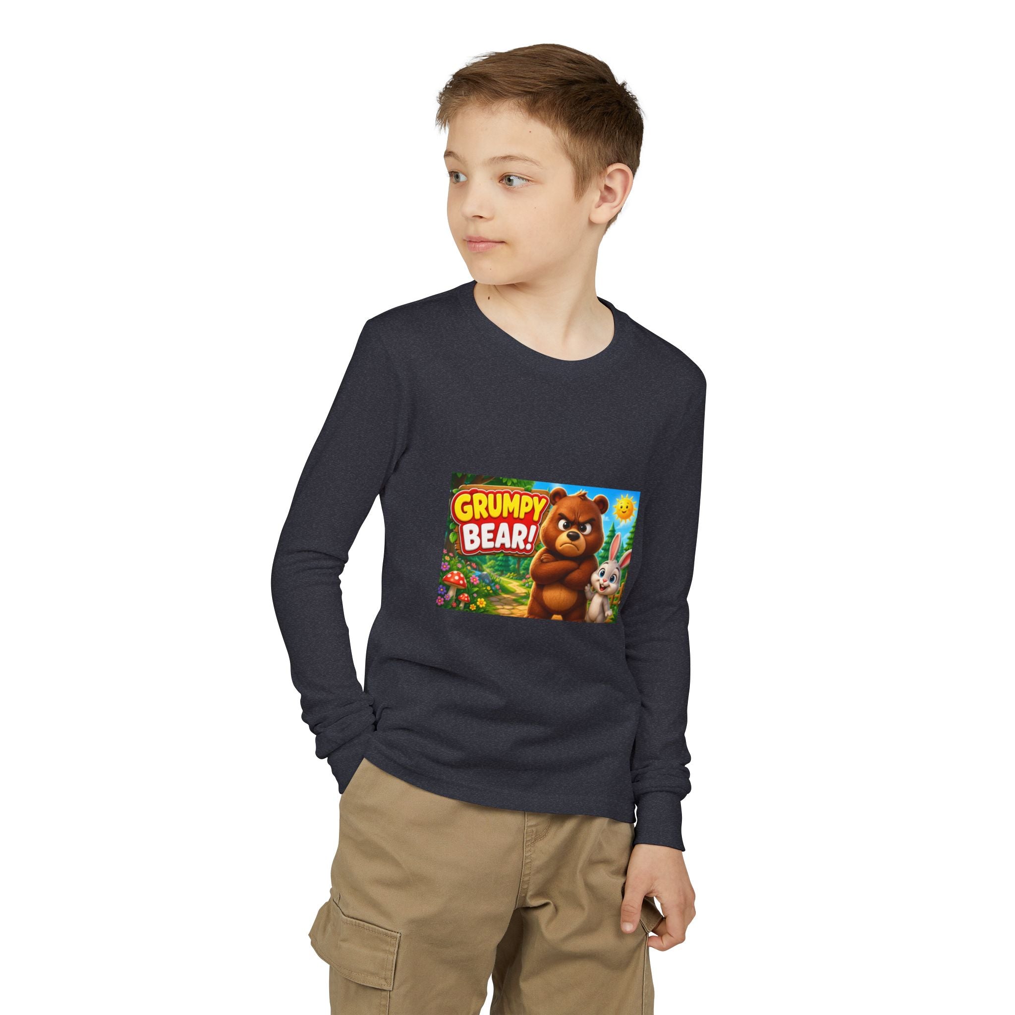 Grumpy Bear Kids Long Sleeve Tee — Cute Cartoon Bear & Bunny Graphic