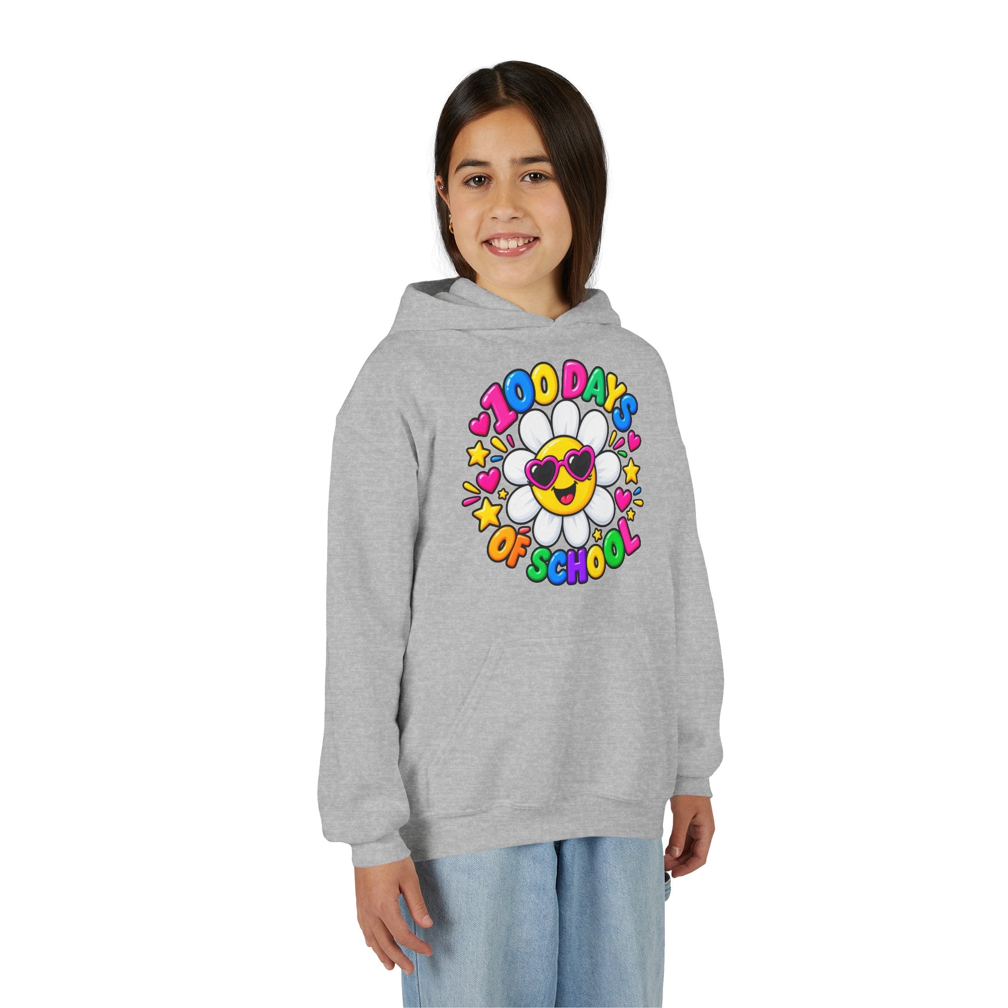 Youth Hoodie — “100 Days of School” Colorful Smiley Daisy Celebration