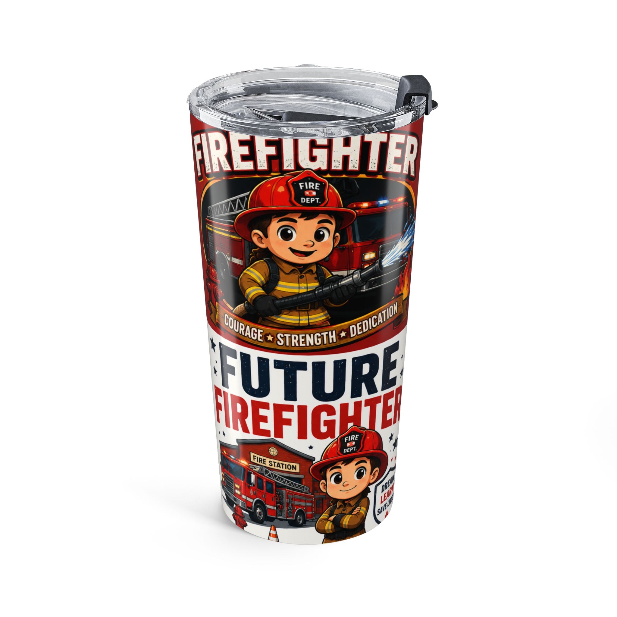Firefighter 20oz Tumbler — Cute Firefighter Cartoon Travel Mug, Rescue Team Gift