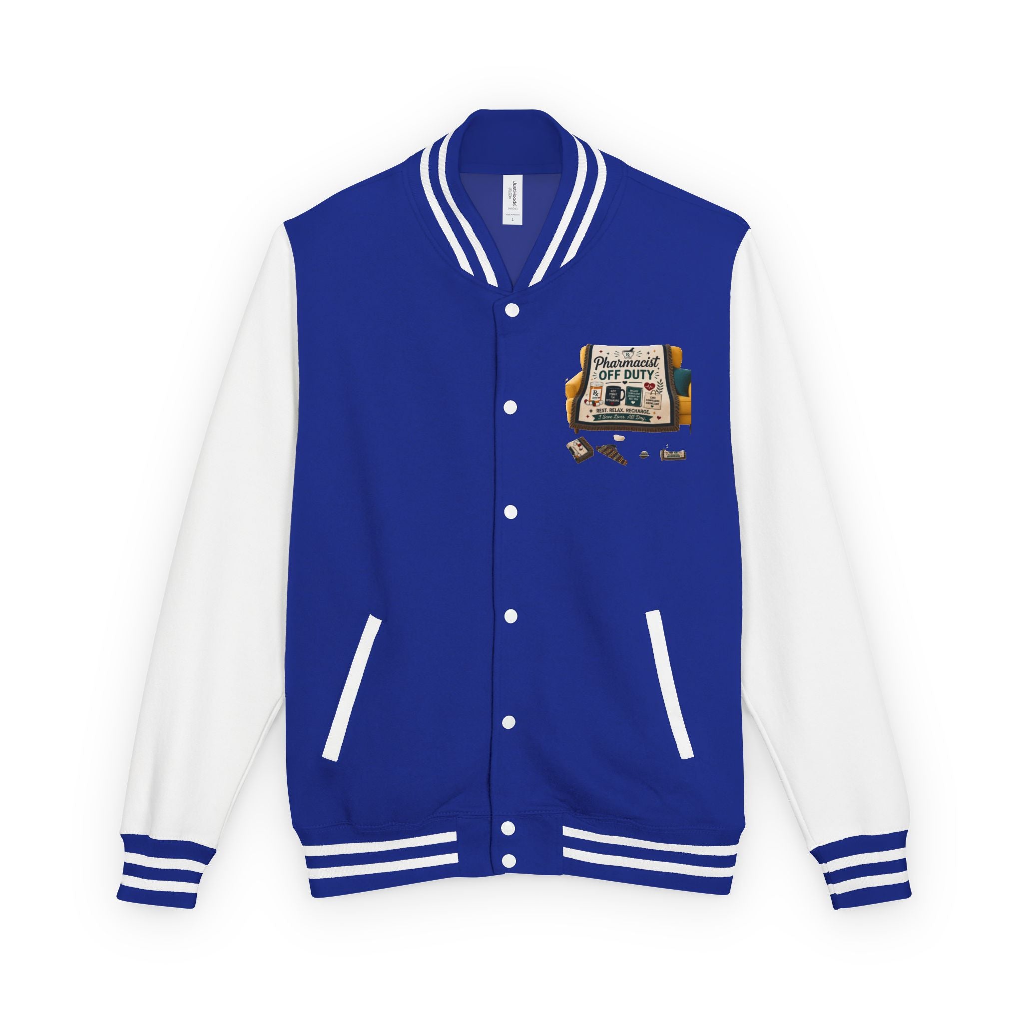 Letterman Jacket — 'Pharmacist Off Duty' Retro Patch Design