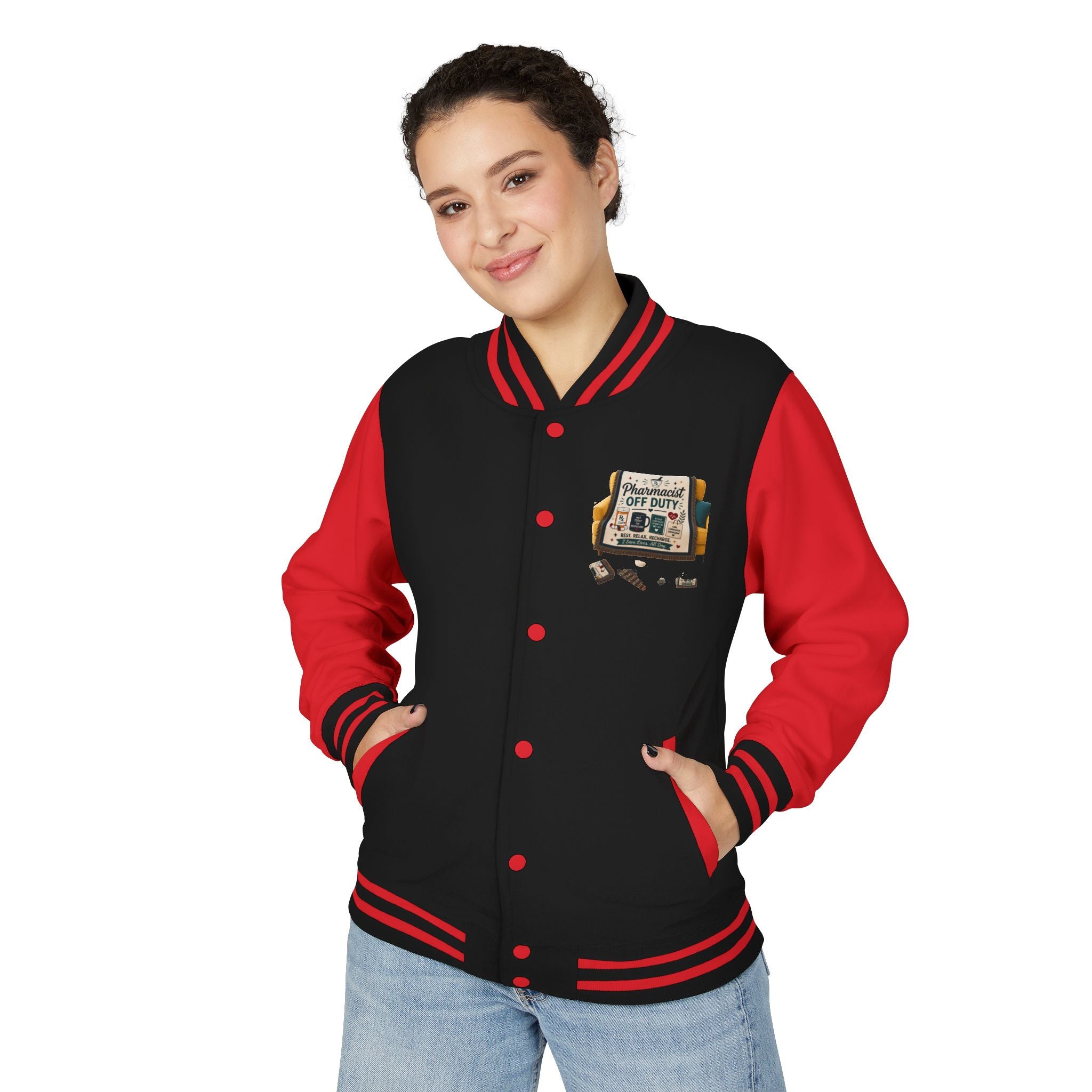 Letterman Jacket — 'Pharmacist Off Duty' Retro Patch Design