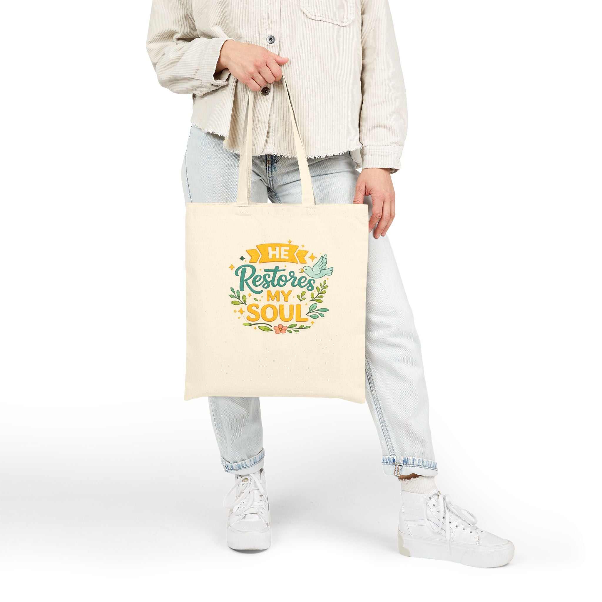 He Restores My Soul Canvas Tote Bag — Faith-Based Inspirational Grocery & Church Tote