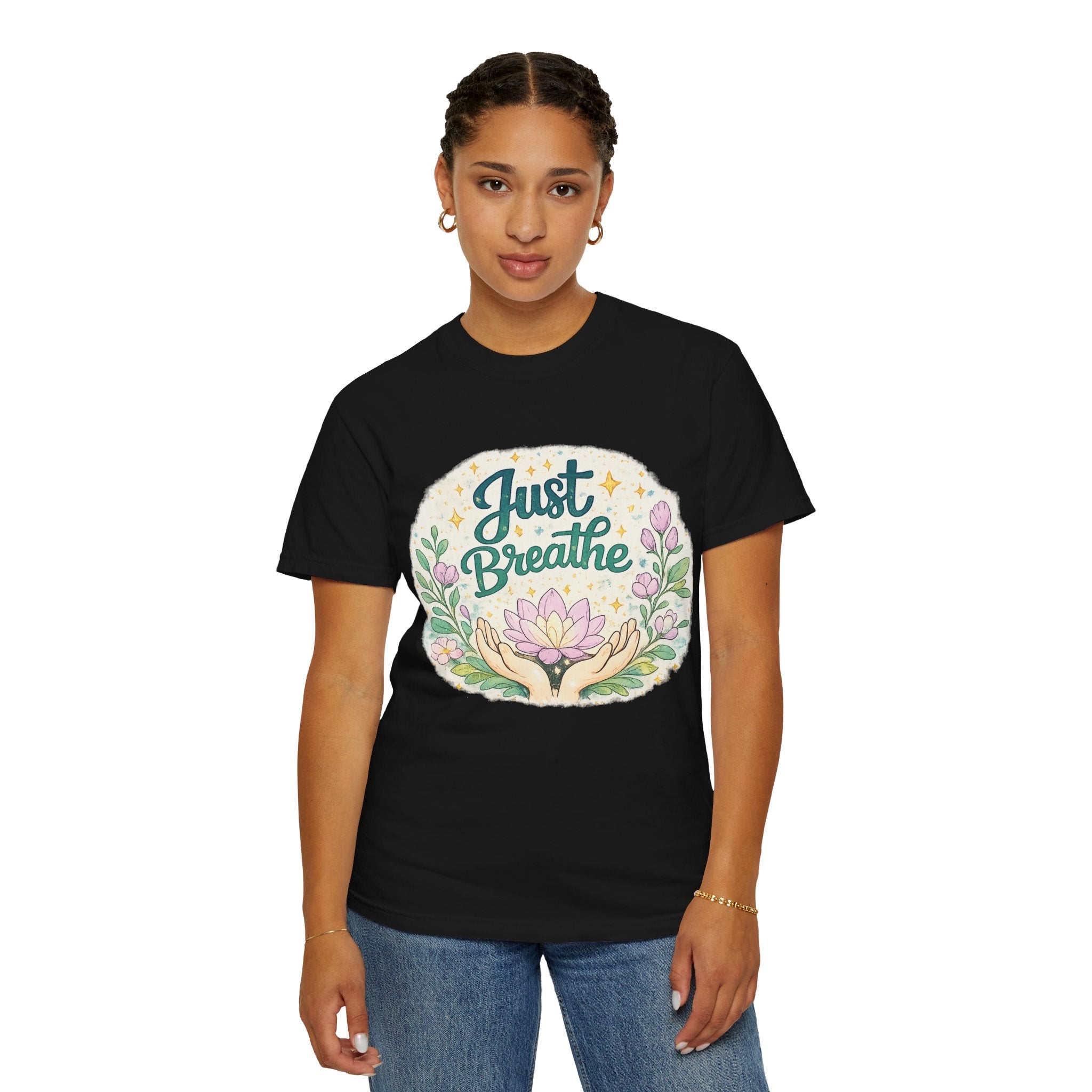 Just Breathe T-Shirt — Floral Lotus Mindfulness Tee