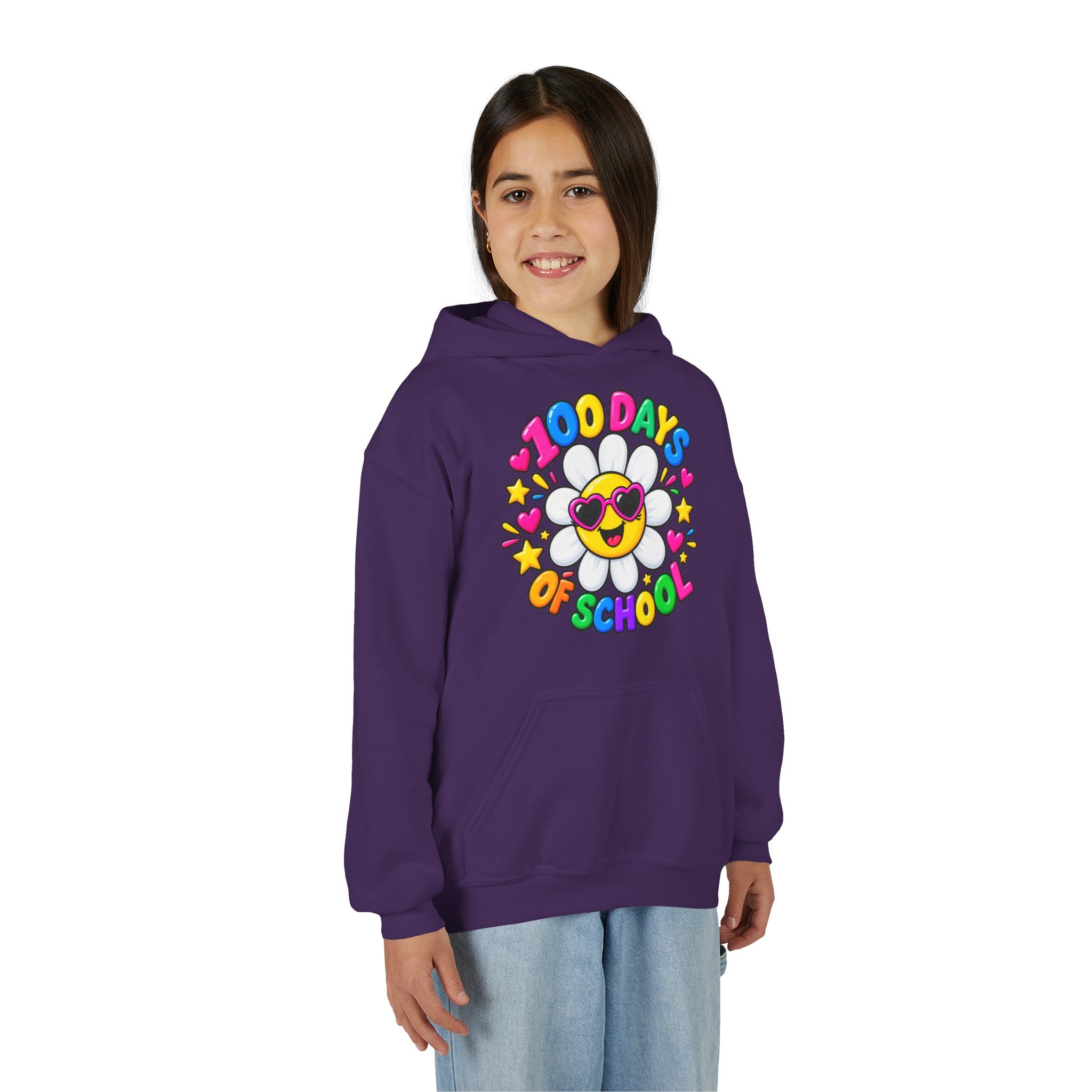 Youth Hoodie — “100 Days of School” Colorful Smiley Daisy Celebration