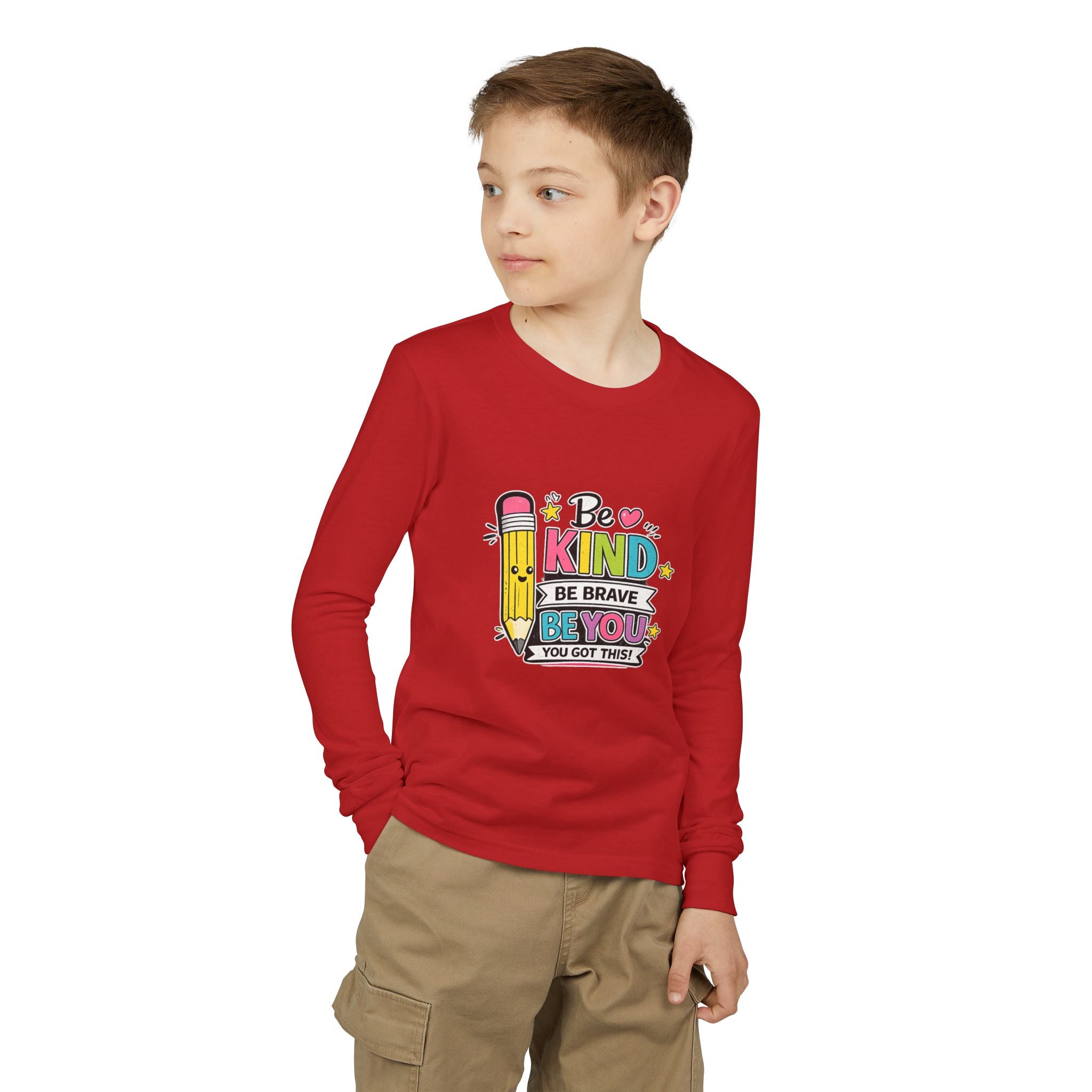 Be Kind Pencil Youth Long Sleeve Tee — "Be Kind, Be Brave, Be You" Back-to-School Shirt