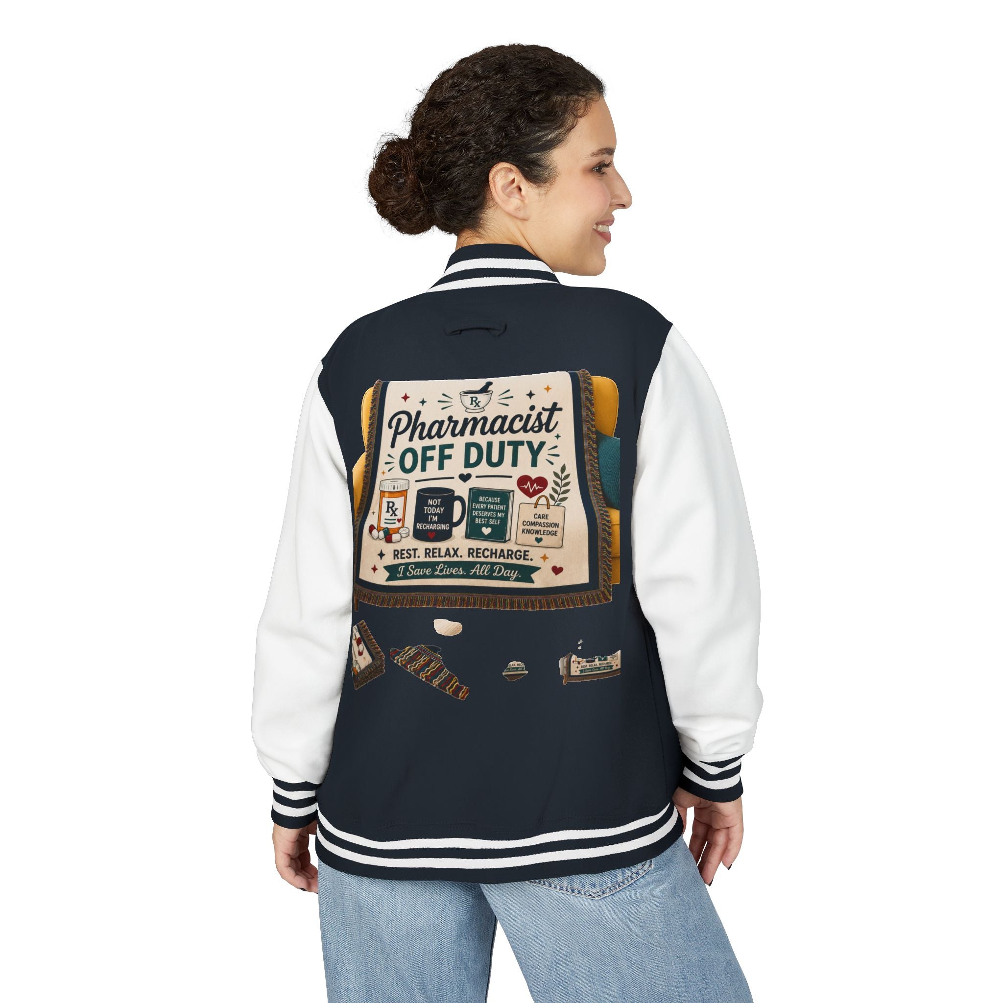 Letterman Jacket — 'Pharmacist Off Duty' Retro Patch Design