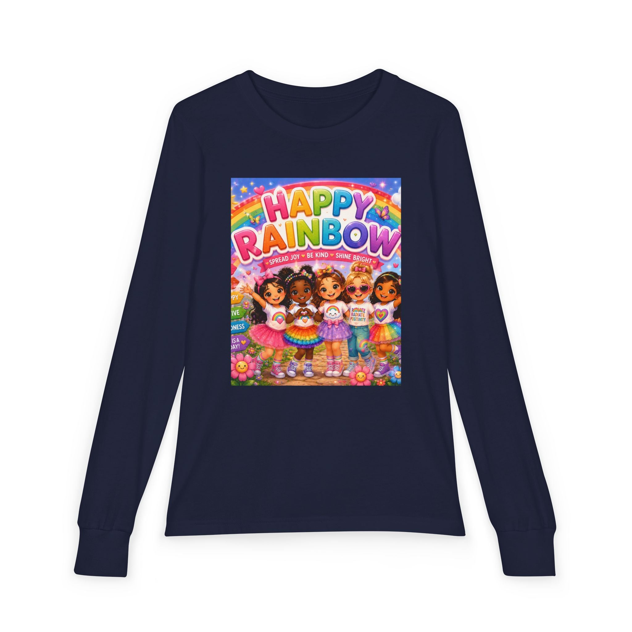 Happy Rainbow Kids Long Sleeve Tee — Cute Multiracial Doll Graphic