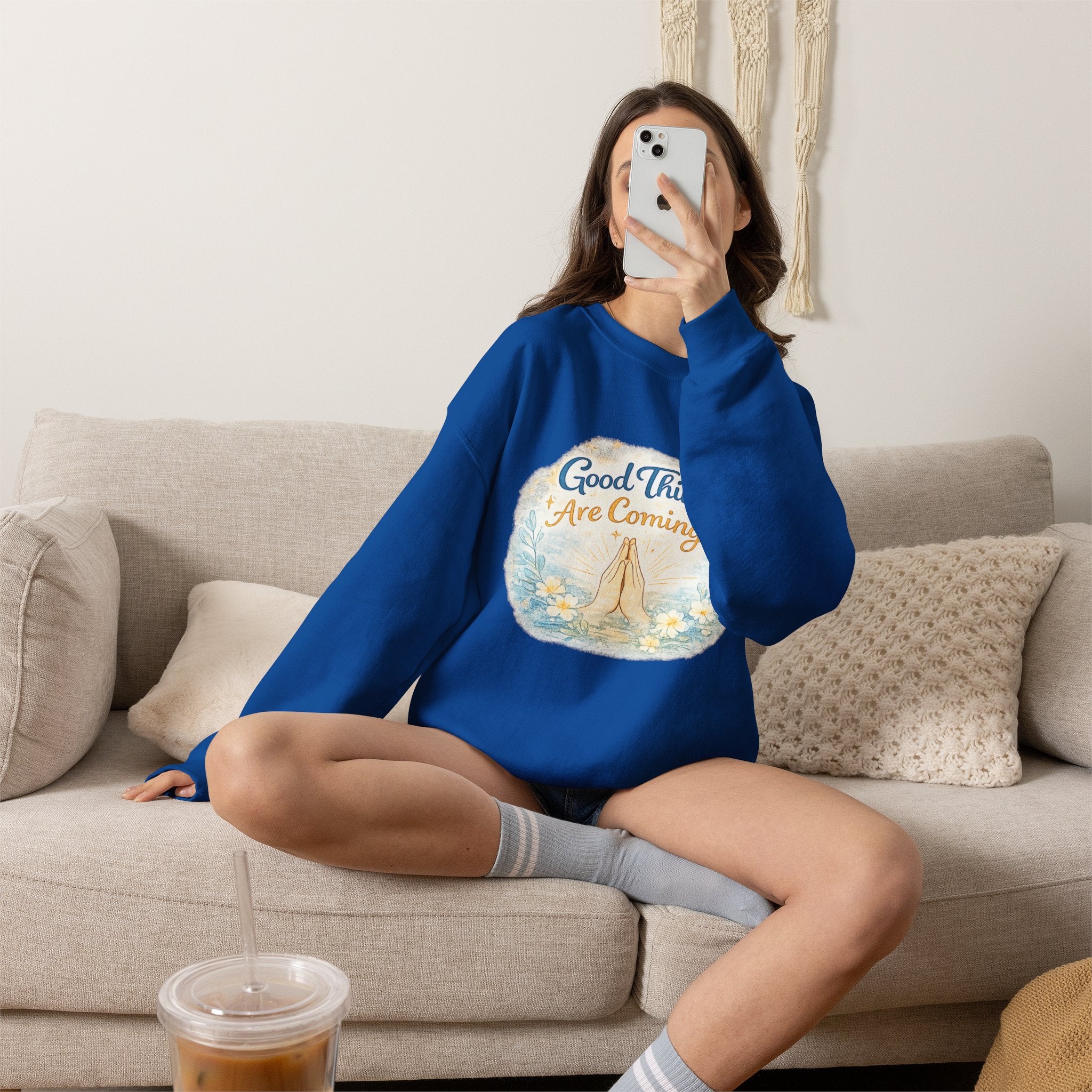 Crewneck Sweatshirt — "Good Things Are Coming" Praying Hands Inspirational Pullover