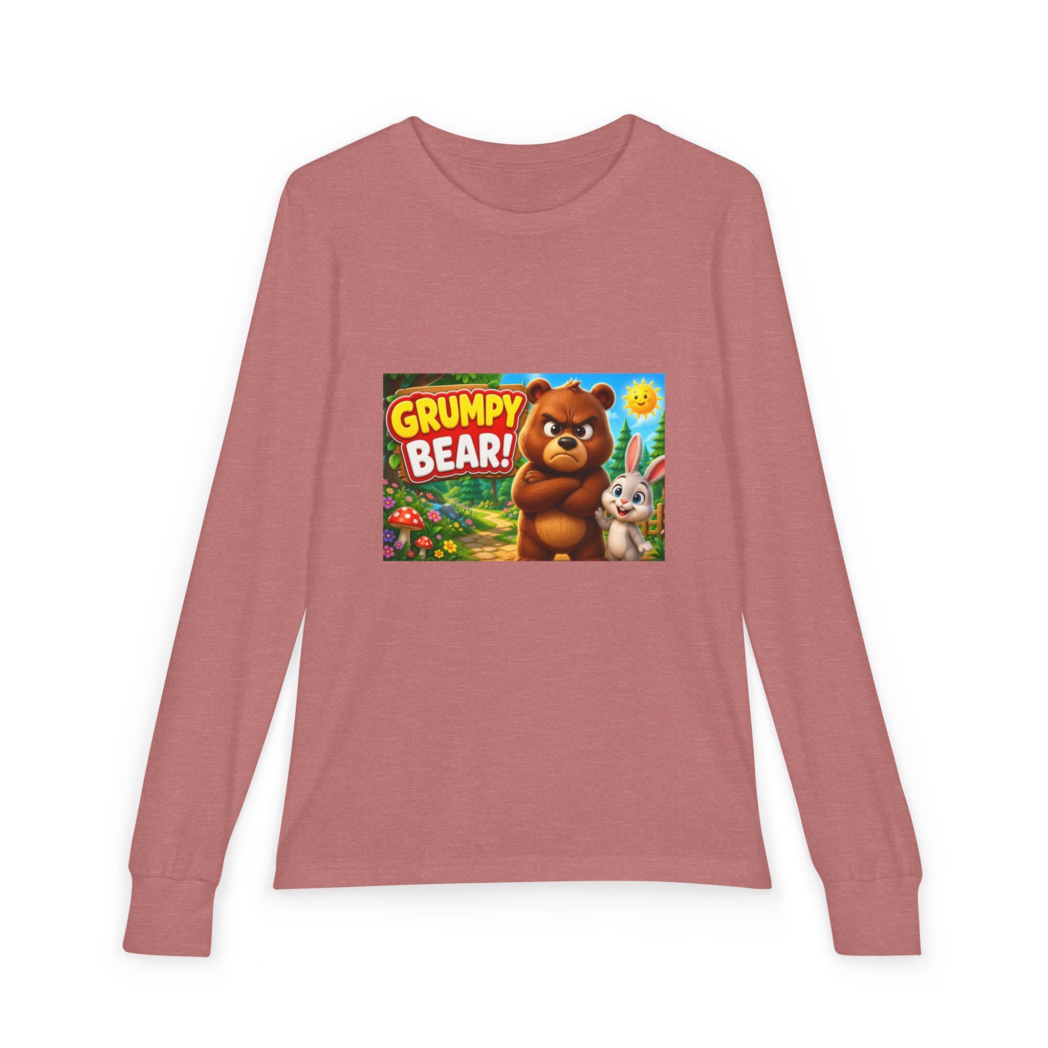 Grumpy Bear Kids Long Sleeve Tee — Cute Cartoon Bear & Bunny Graphic