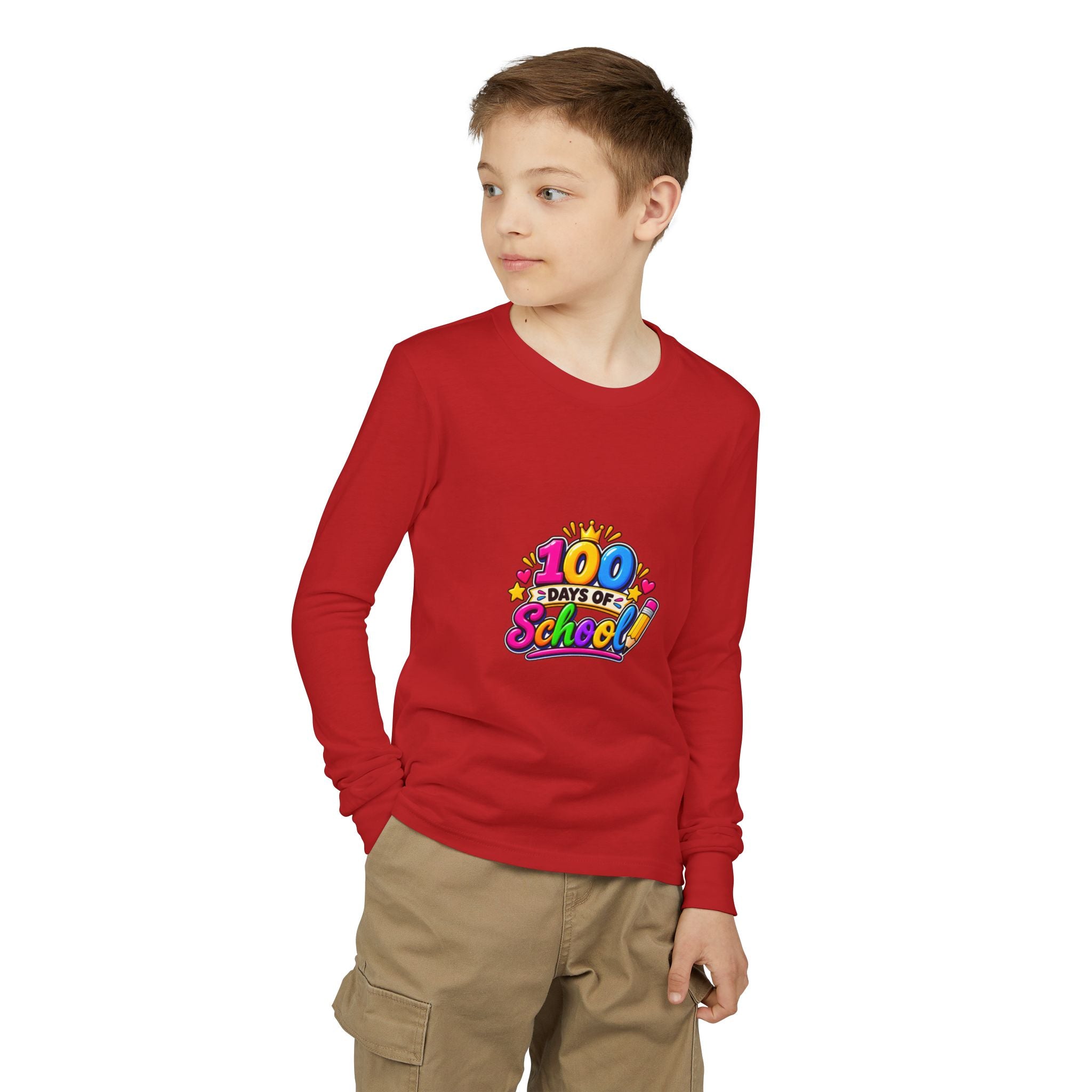 100 Days of School Youth Long Sleeve Tee — Colorful Celebration Shirt for Kids