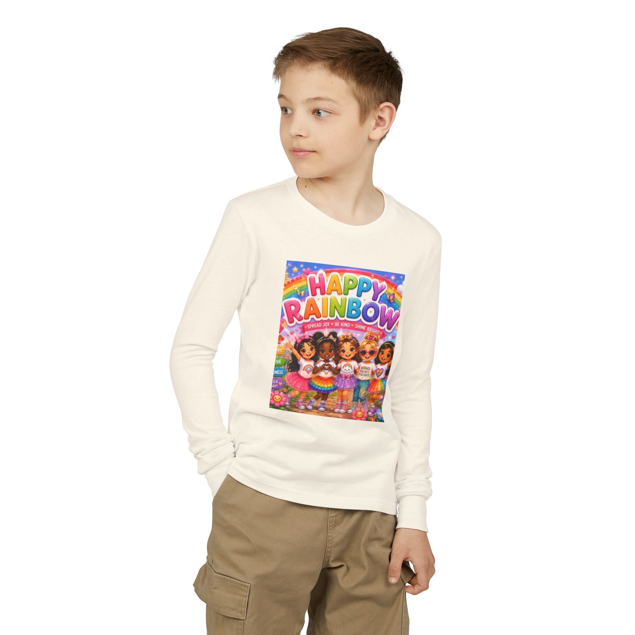 Happy Rainbow Kids Long Sleeve Tee — Cute Multiracial Doll Graphic