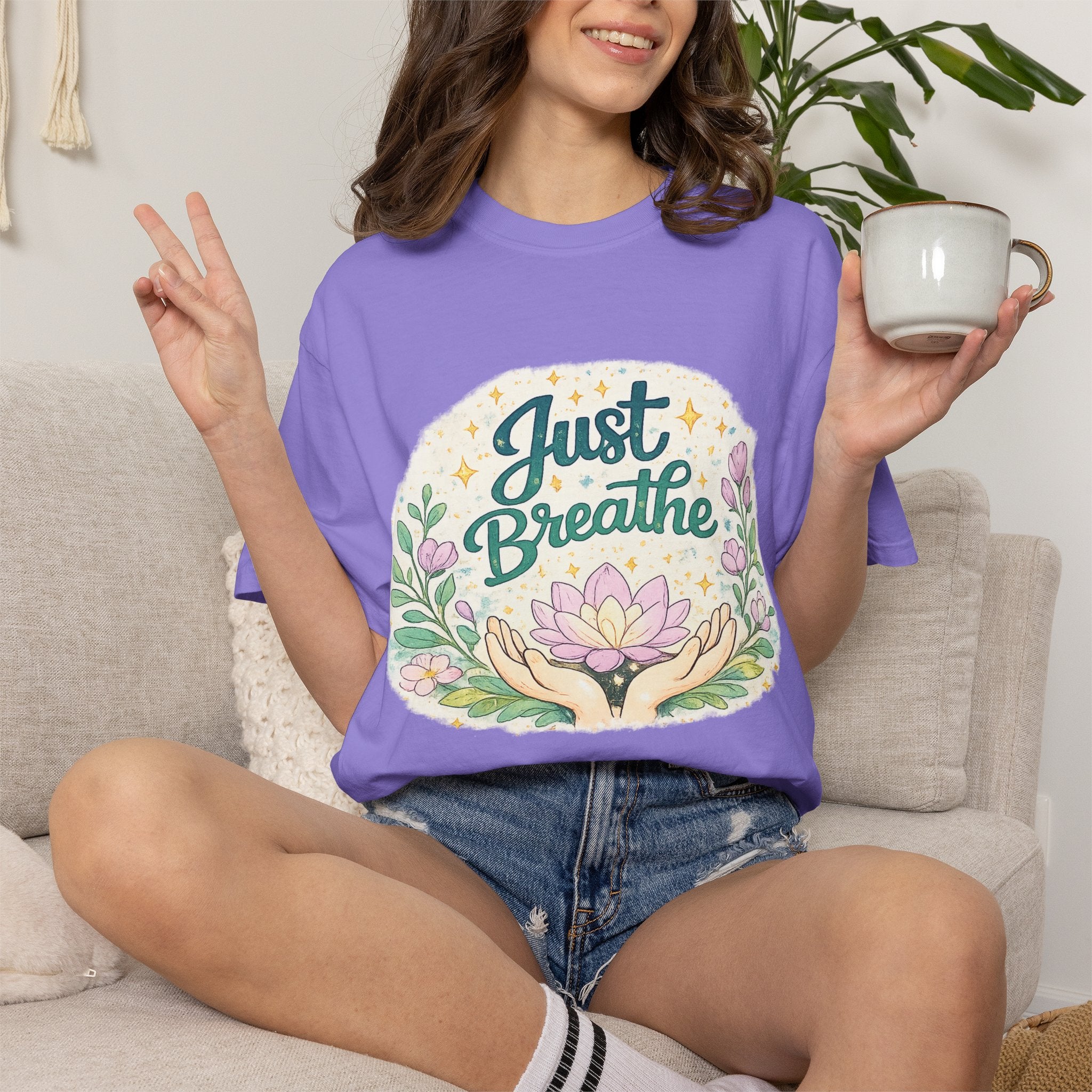 Just Breathe T-Shirt — Floral Lotus Mindfulness Tee