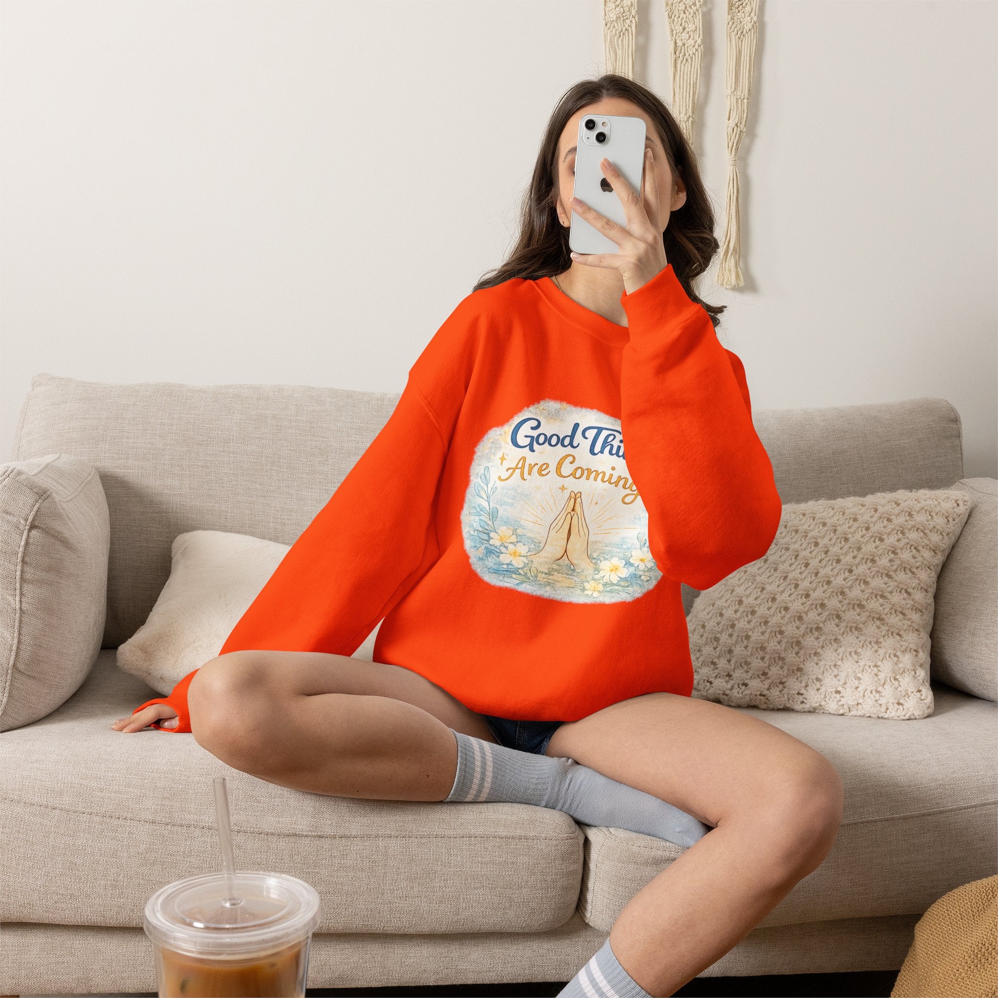 Crewneck Sweatshirt — "Good Things Are Coming" Praying Hands Inspirational Pullover
