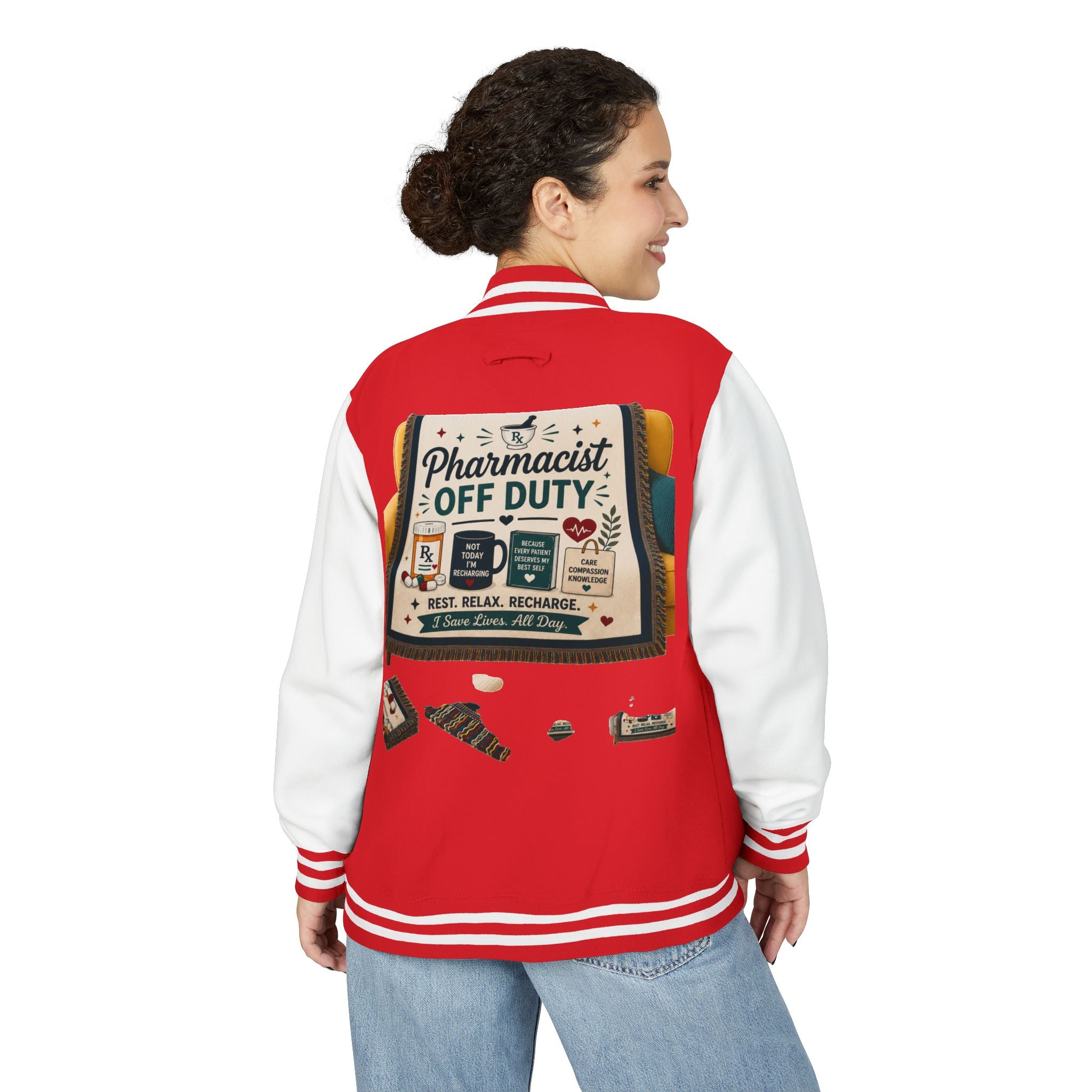 Letterman Jacket — 'Pharmacist Off Duty' Retro Patch Design