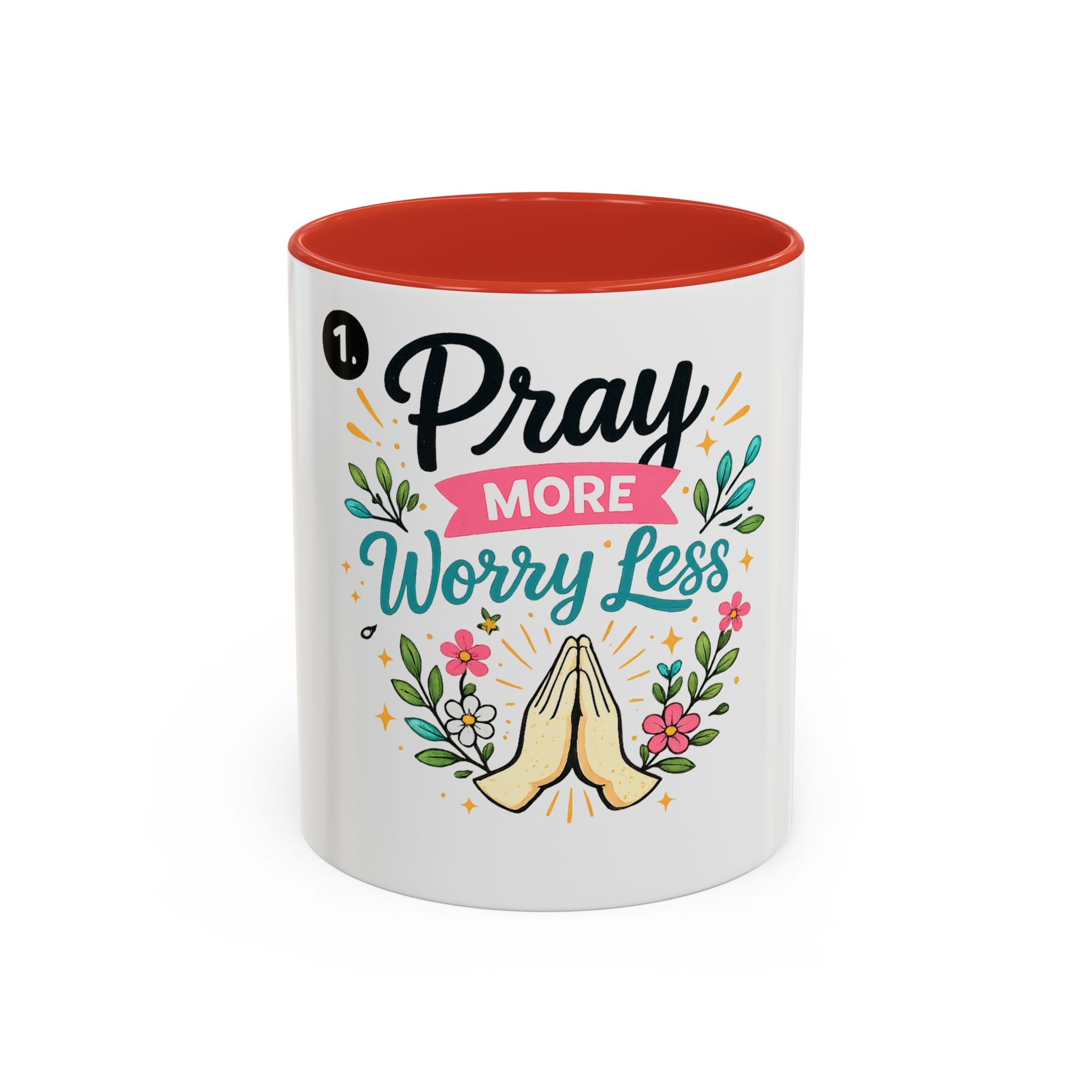 Pray More Worry Less Accent Coffee Mug — Inspirational Floral Prayer Gift (11/15oz)