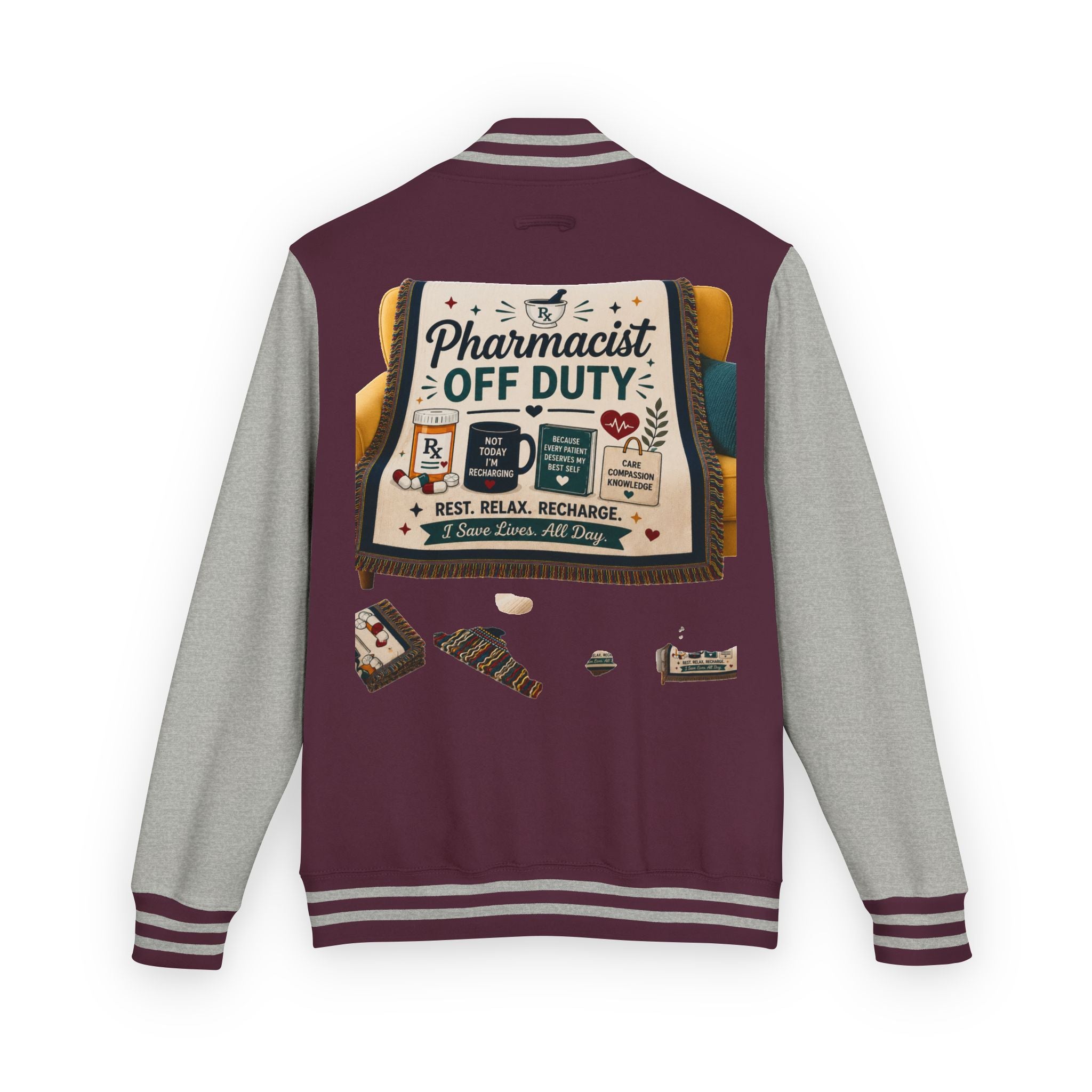 Letterman Jacket — 'Pharmacist Off Duty' Retro Patch Design