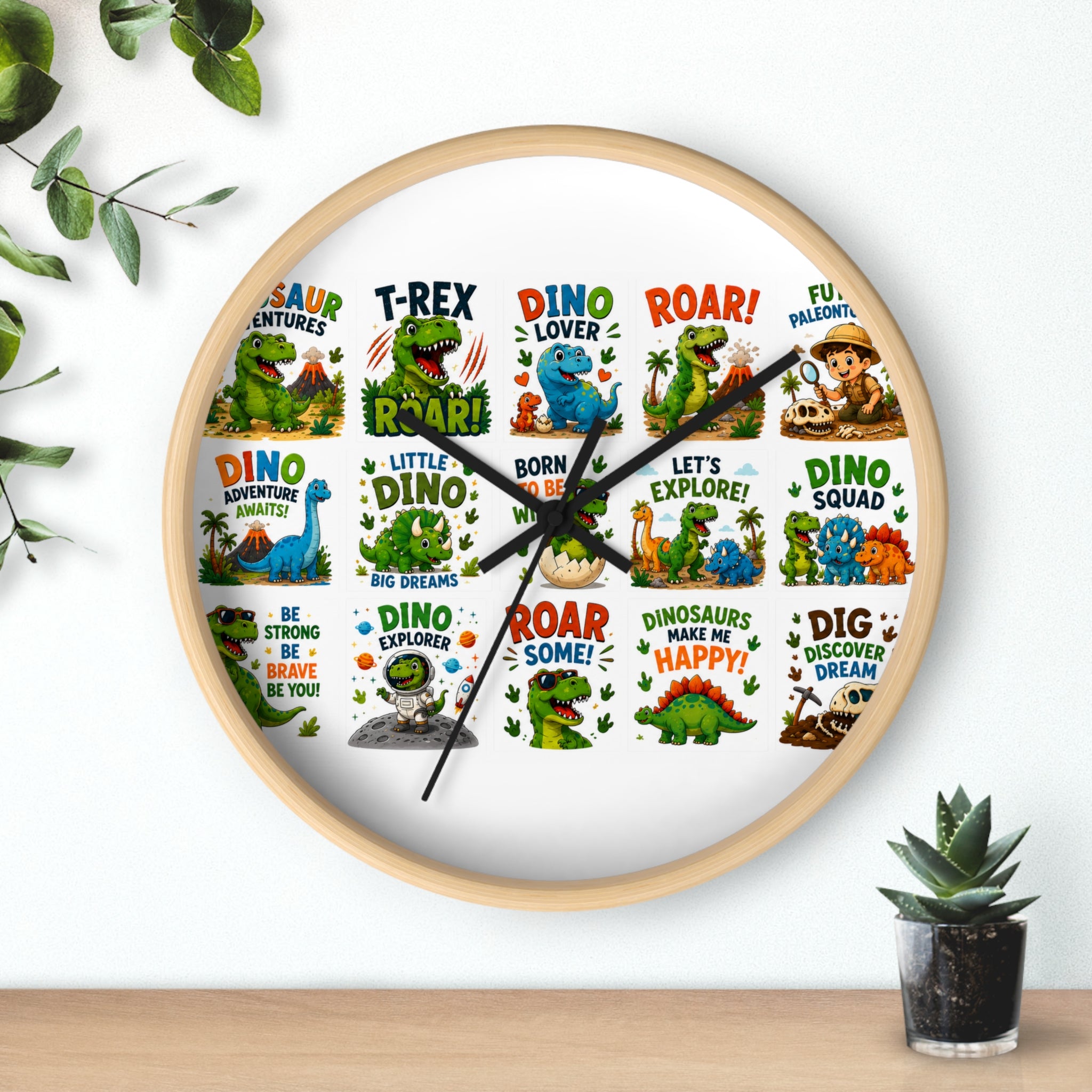 Dinosaur Kids Wall Clock — Colorful Roar & Dino Explorer Design