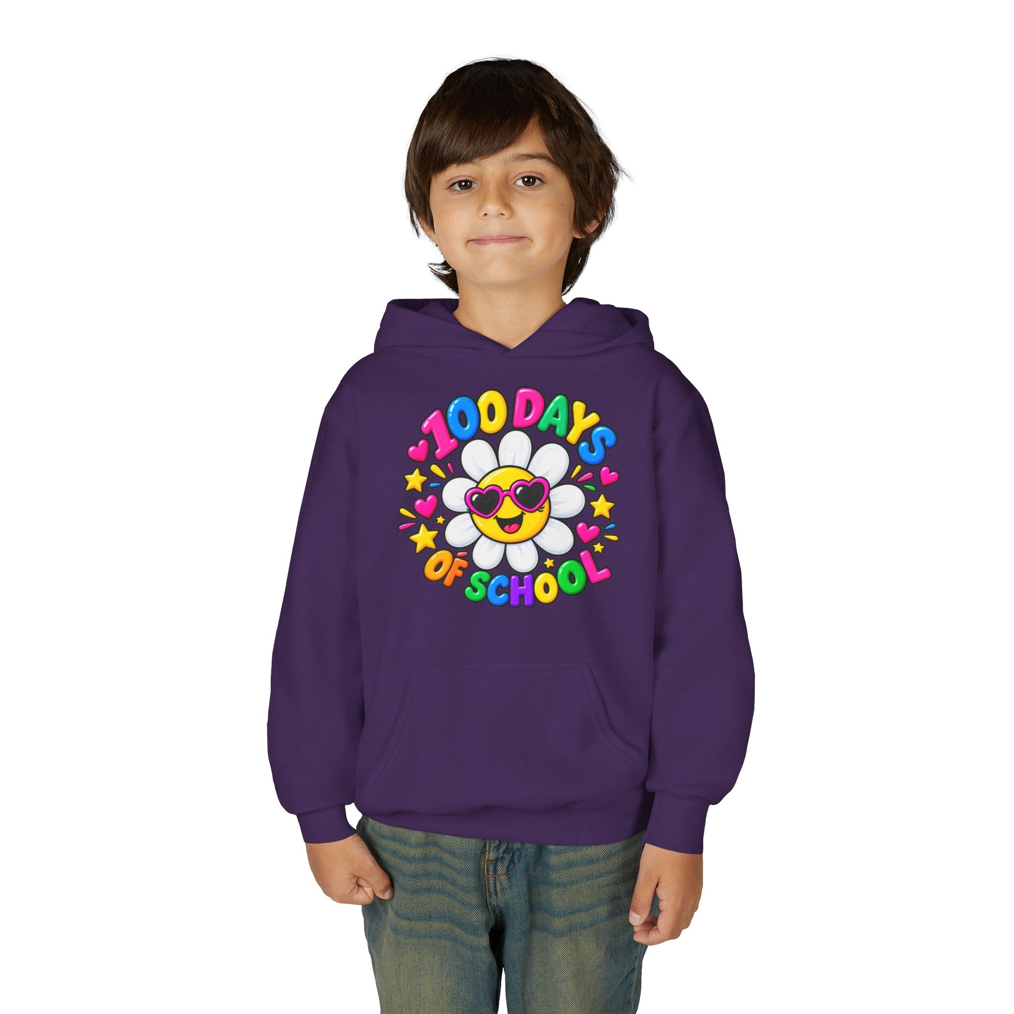 Youth Hoodie — “100 Days of School” Colorful Smiley Daisy Celebration