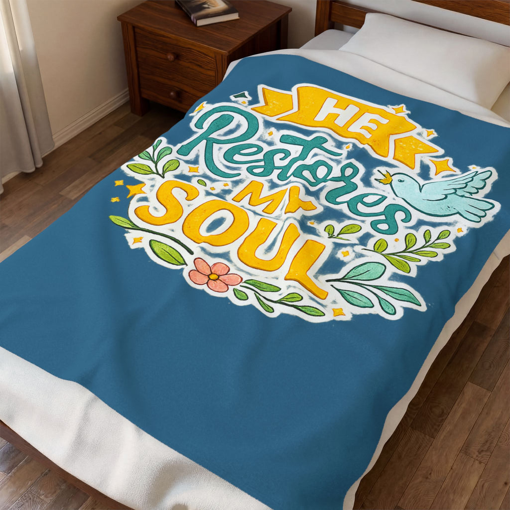 Plush Blanket - "He Restores My Soul" Christian Fleece Throw