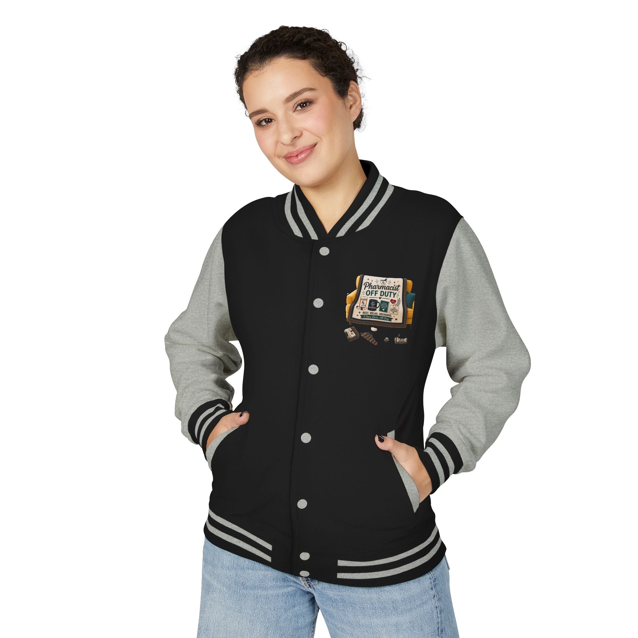 Letterman Jacket — 'Pharmacist Off Duty' Retro Patch Design