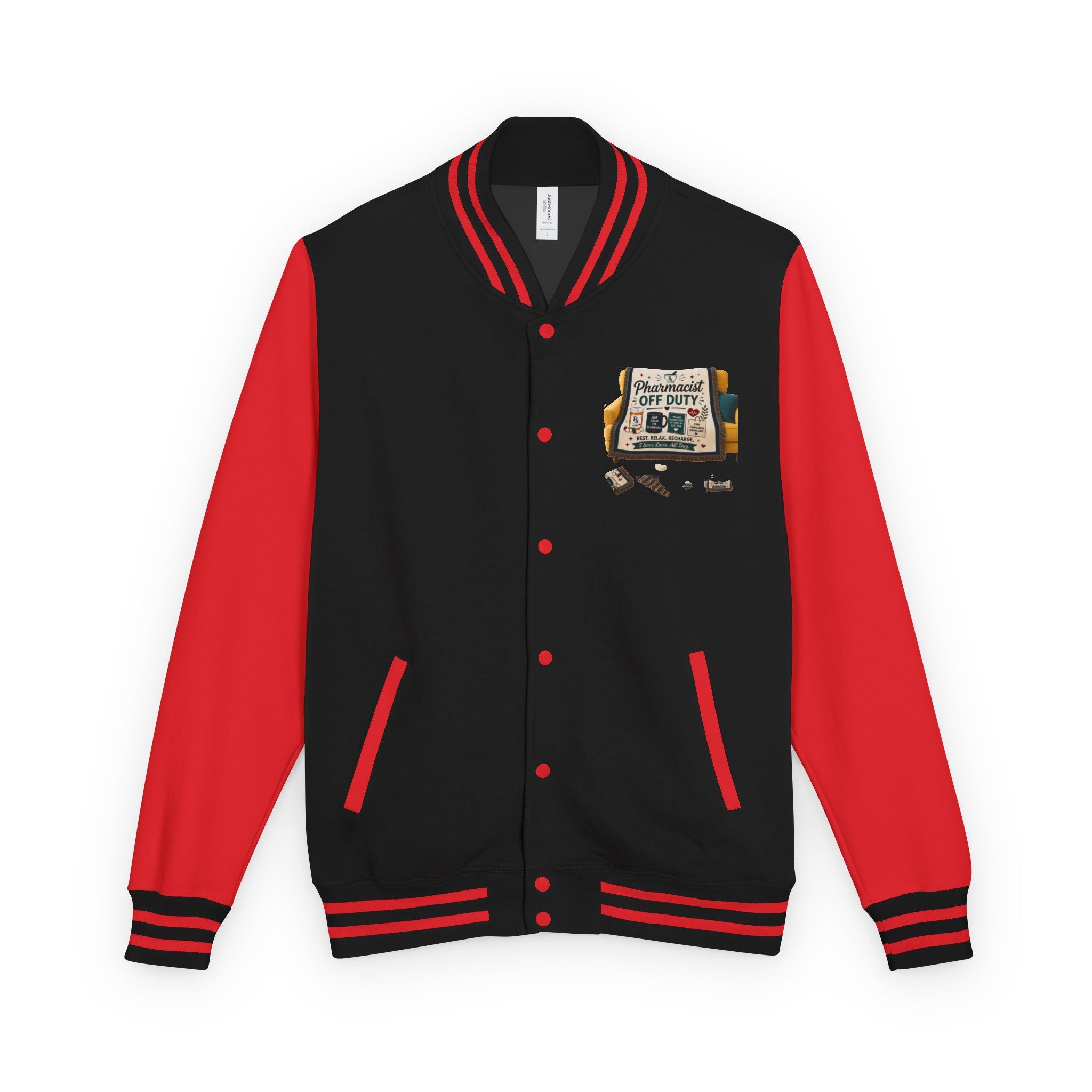 Letterman Jacket — 'Pharmacist Off Duty' Retro Patch Design