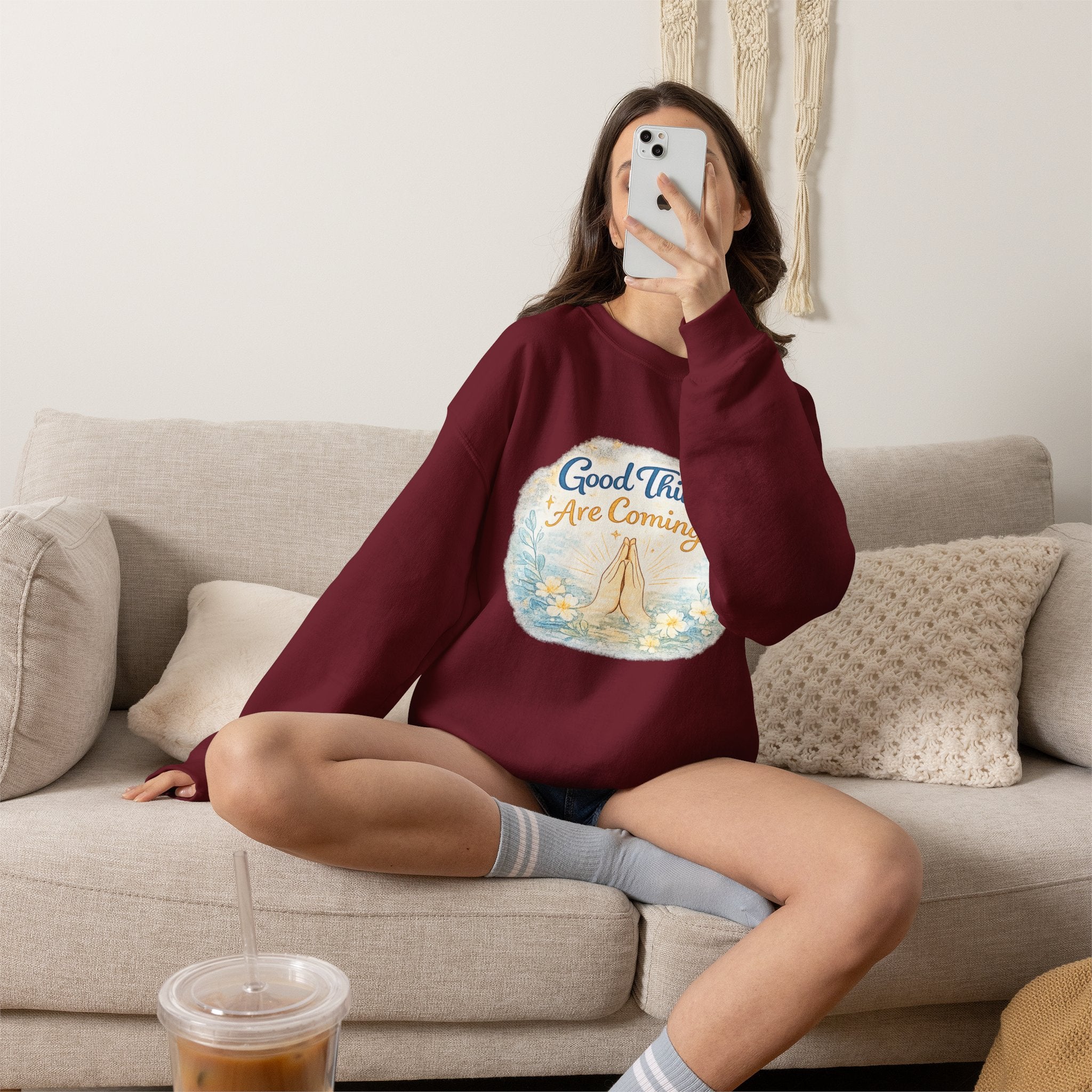 Crewneck Sweatshirt — "Good Things Are Coming" Praying Hands Inspirational Pullover