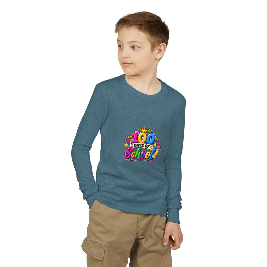 100 Days of School Youth Long Sleeve Tee — Colorful Celebration Shirt for Kids