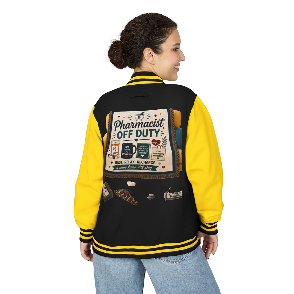 Letterman Jacket — 'Pharmacist Off Duty' Retro Patch Design