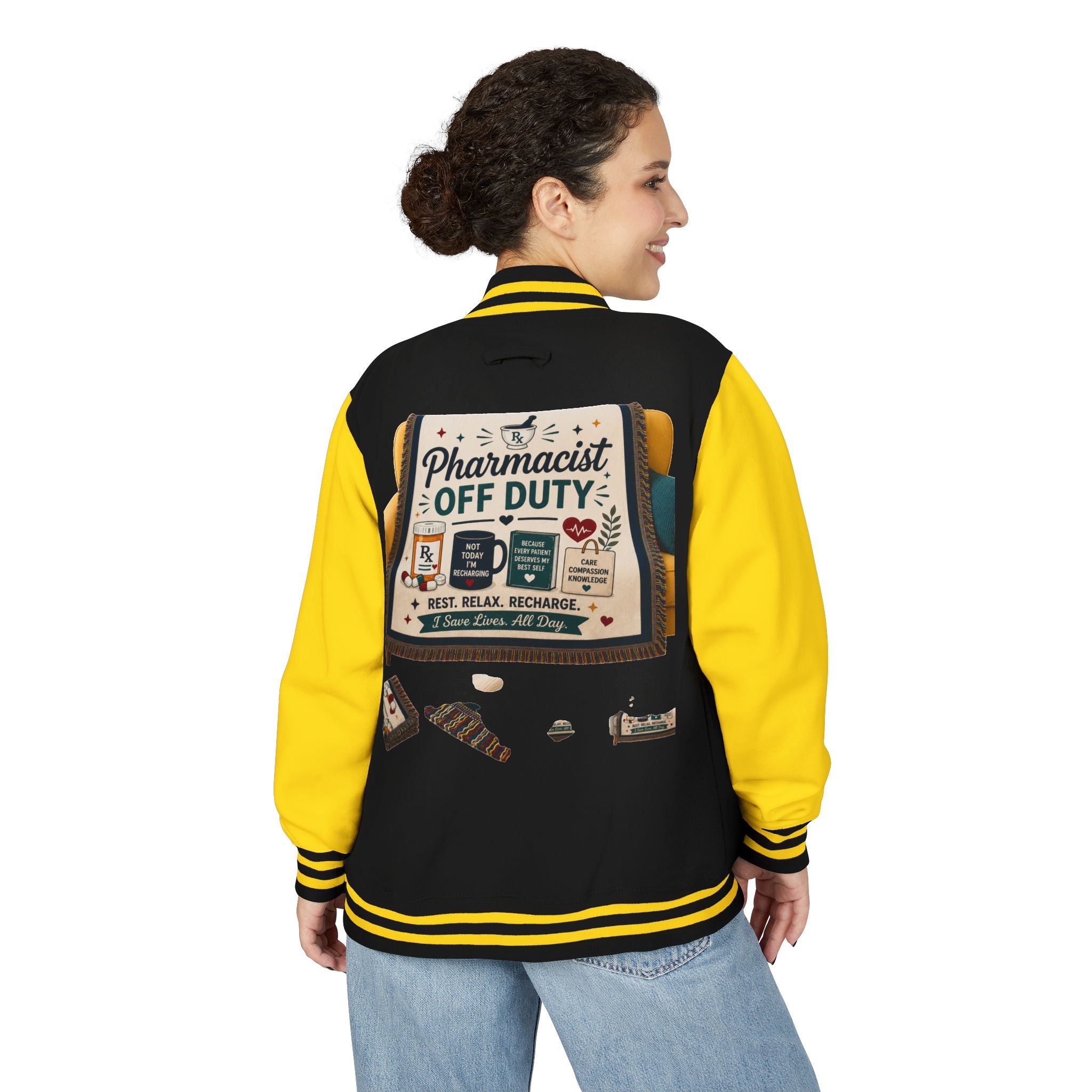 Letterman Jacket — 'Pharmacist Off Duty' Retro Patch Design