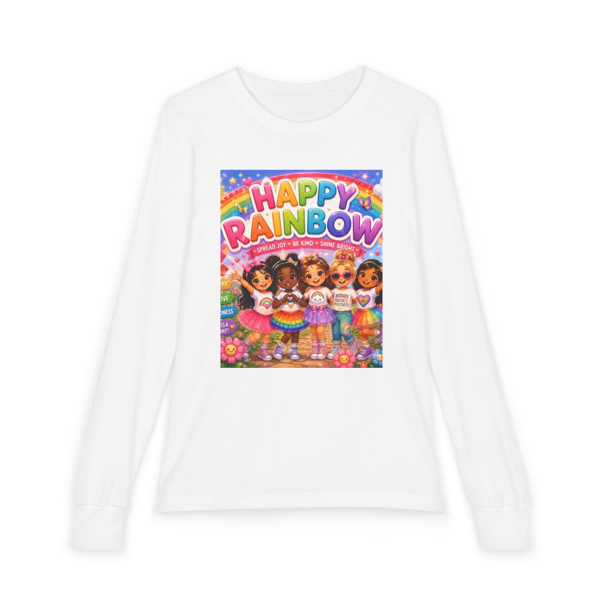 Happy Rainbow Kids Long Sleeve Tee — Cute Multiracial Doll Graphic