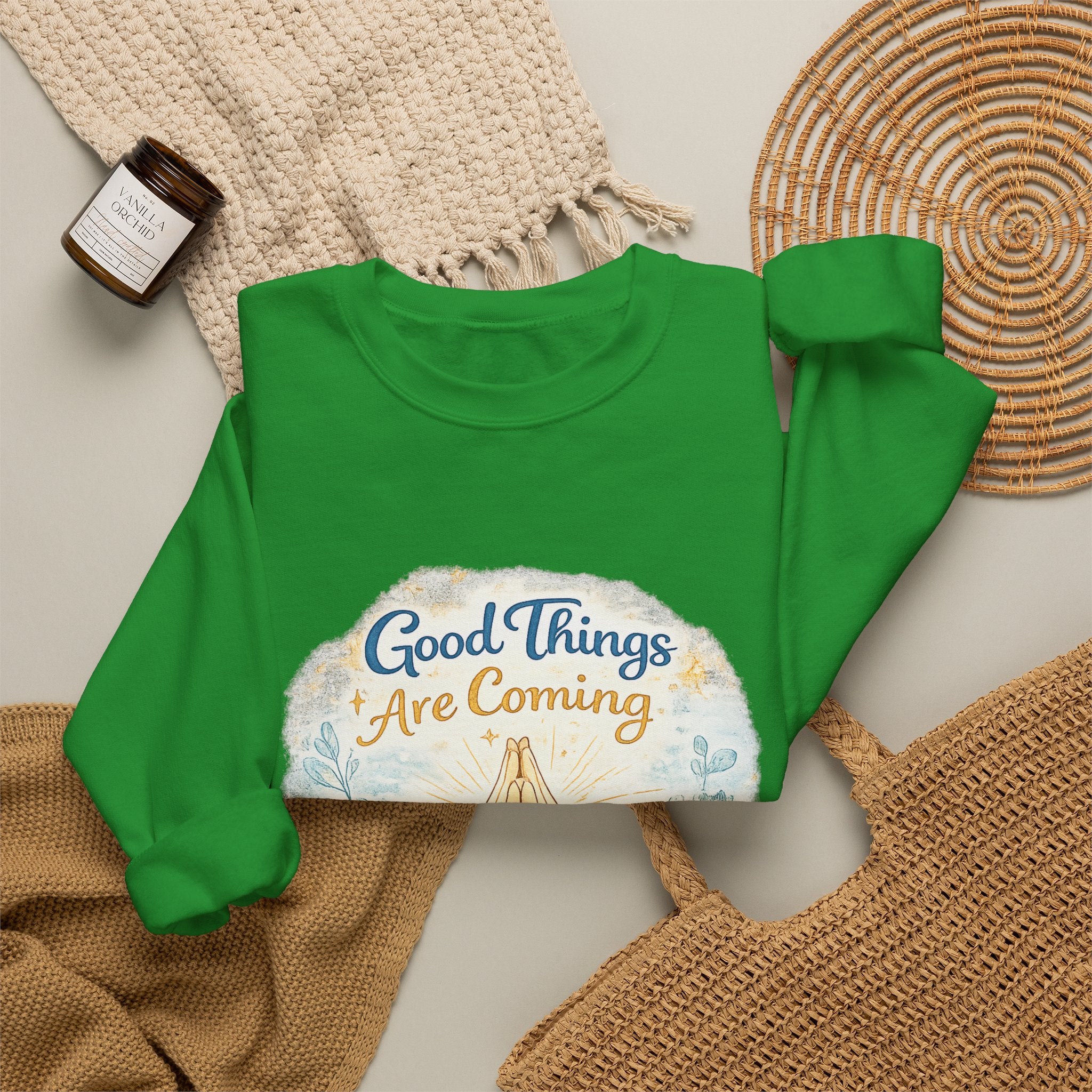 Crewneck Sweatshirt — "Good Things Are Coming" Praying Hands Inspirational Pullover